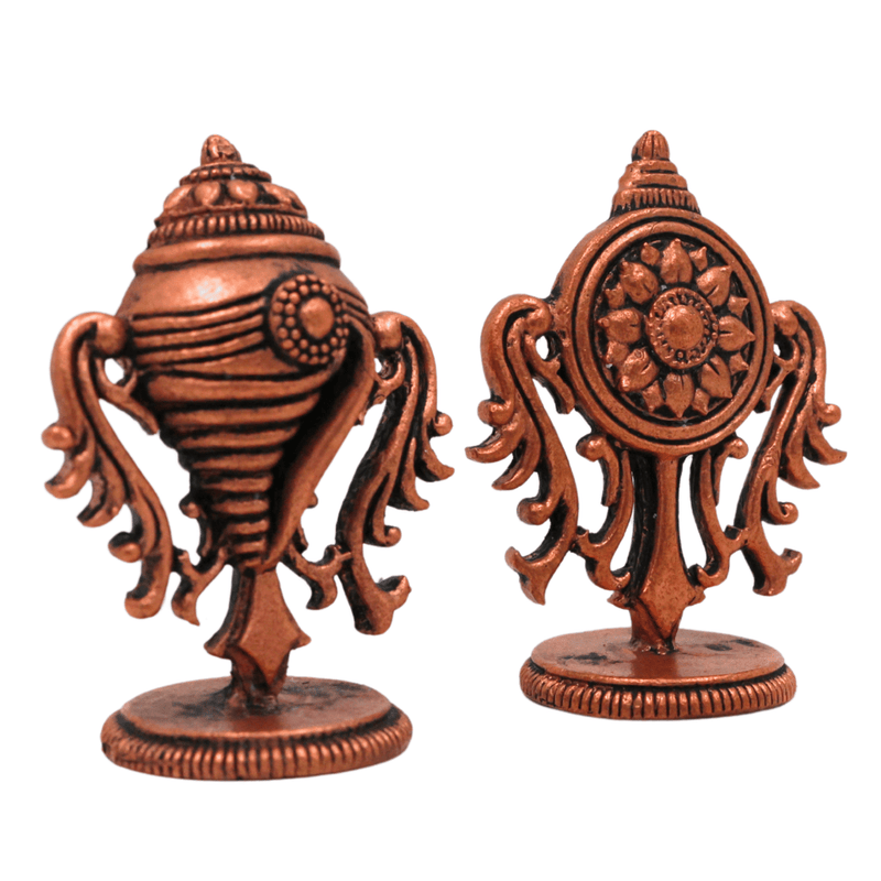 Copper Shankh Chakra Tamra Sudarshan Vishnu Symbol, Handcrafted Tamraloha Conch & Discus, Panchajanya Chakra Yantra for Pooja, Balaji, Tirupati, Narayana, Govinda, Perumal Temple Décor, Brown, 2 Inch, 1 Piece