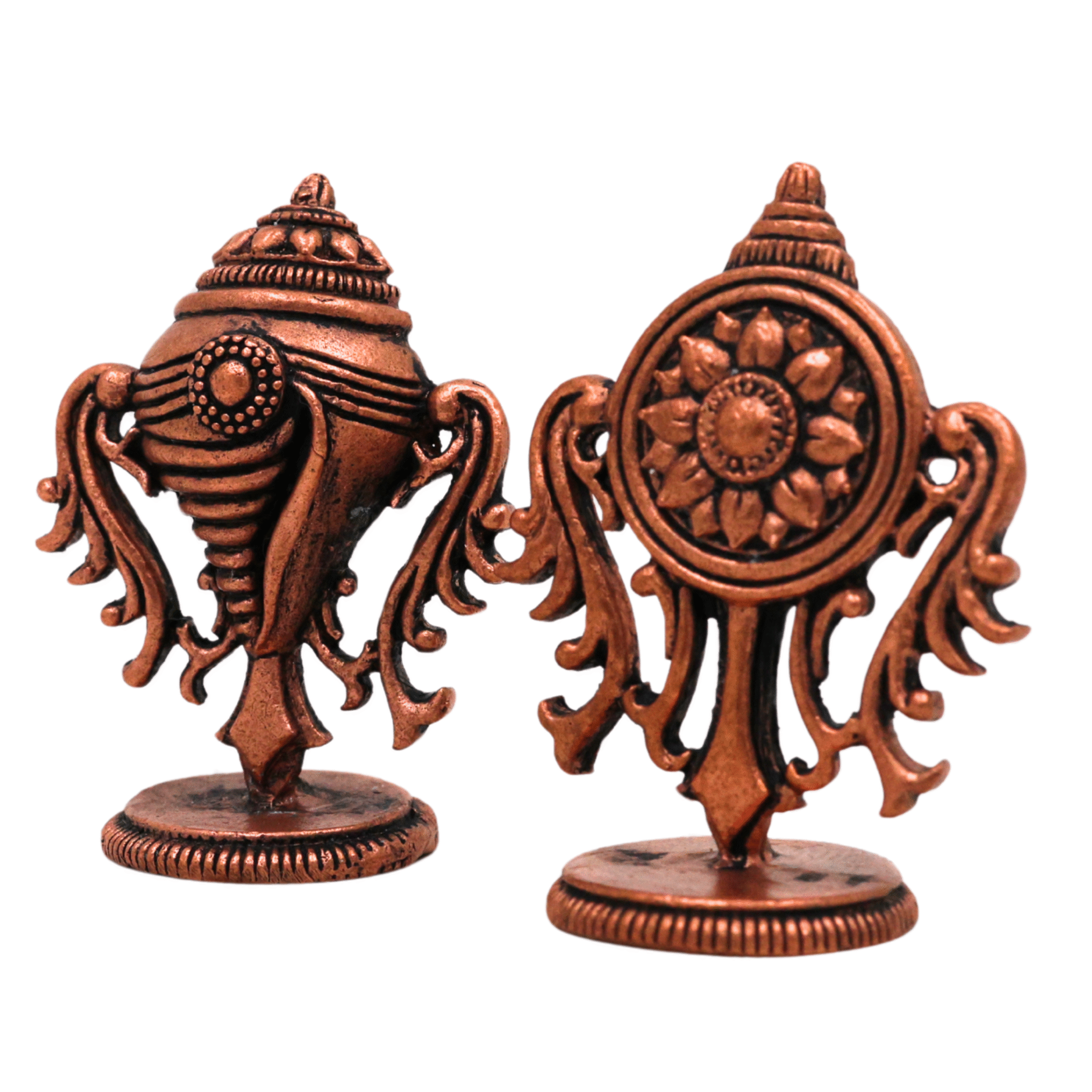 Copper Shankh Chakra Tamra Sudarshan Vishnu Symbol, Handcrafted Tamraloha Conch & Discus, Panchajanya Chakra Yantra for Pooja, Balaji, Tirupati, Narayana, Govinda, Perumal Temple Décor, Brown, 2 Inch, 1 Piece