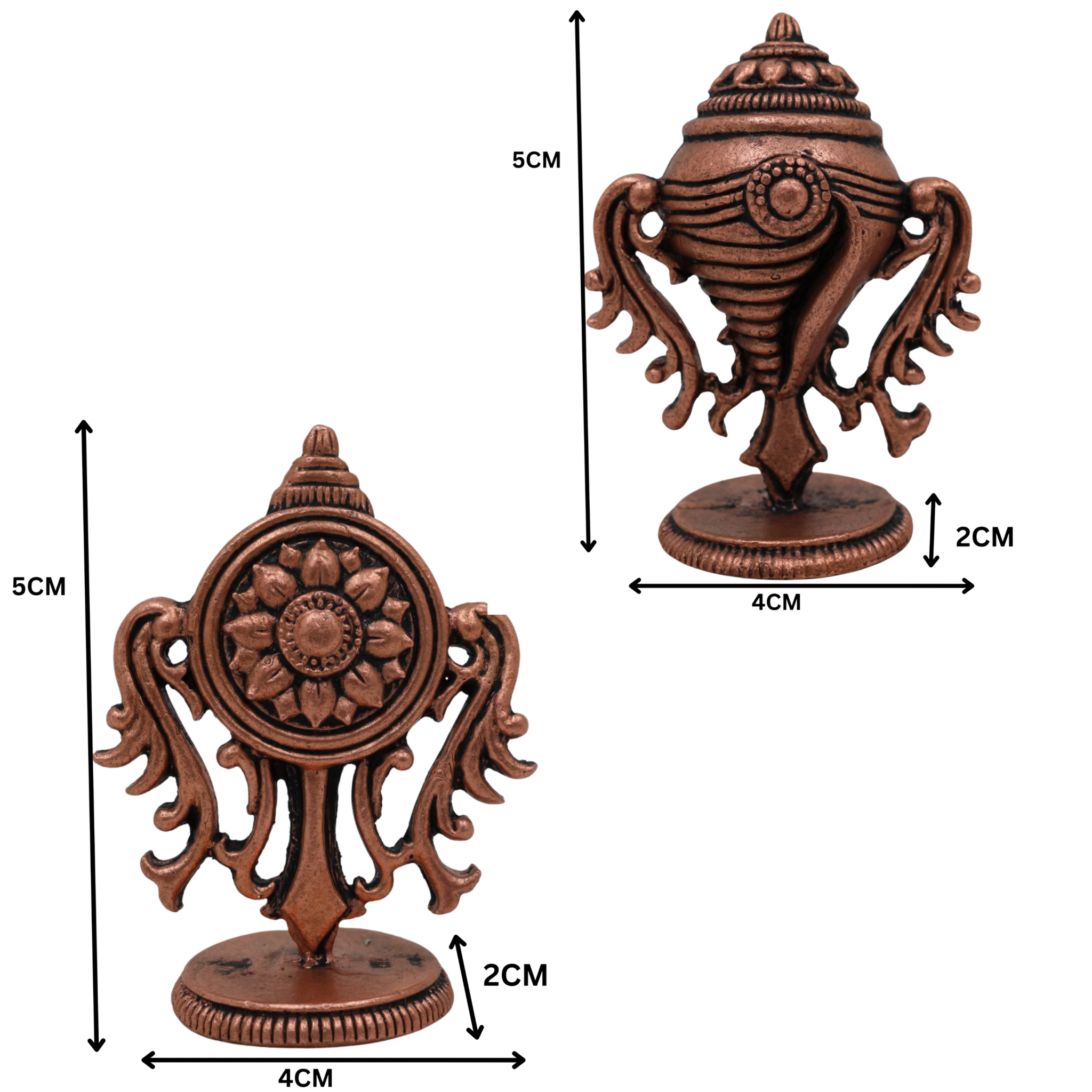 Copper Shankh Chakra Tamra Sudarshan Vishnu Symbol, Handcrafted Tamraloha Conch & Discus, Panchajanya Chakra Yantra for Pooja, Balaji, Tirupati, Narayana, Govinda, Perumal Temple Décor, Brown, 2 Inch, 1 Piece