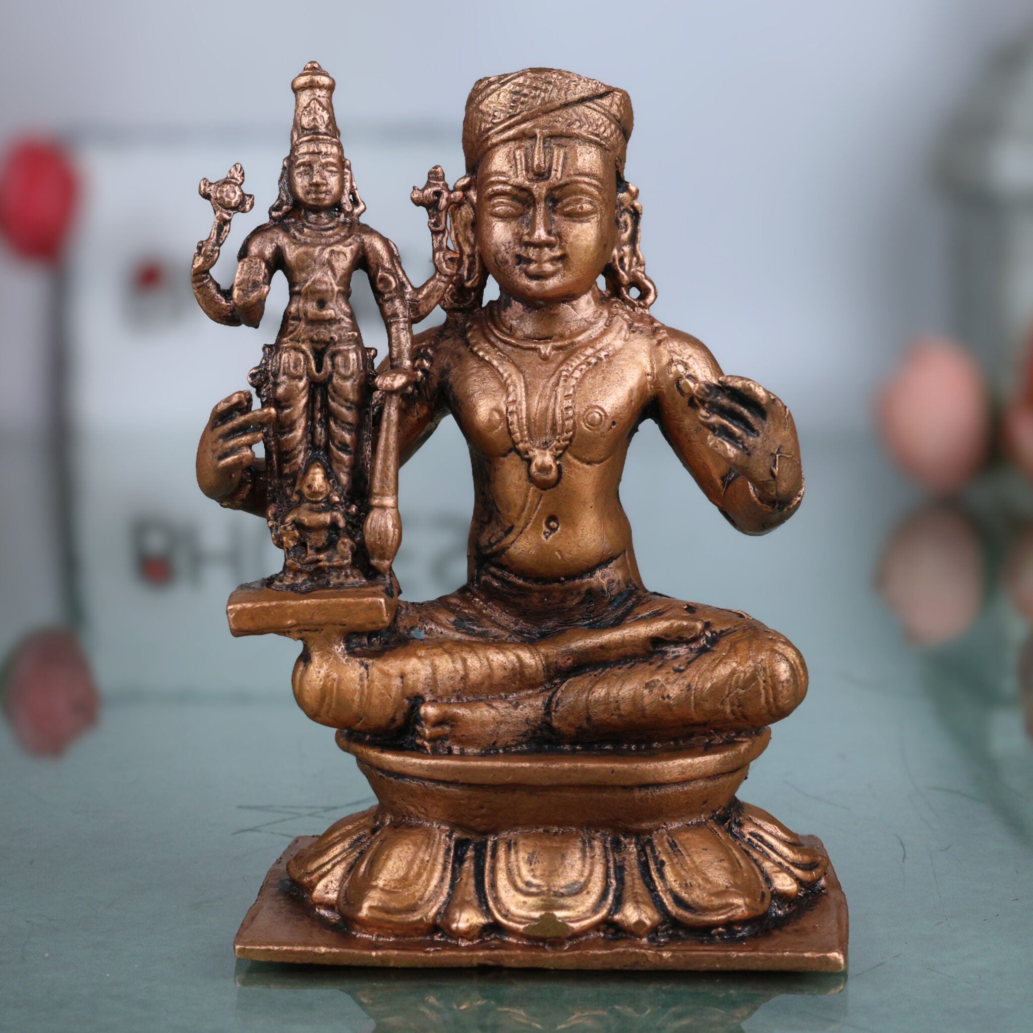 Copper Ramanujacharya Idol, Tamra Ramanuja Statue, Thamira Ramanujar Vigraham, Udayavar Emberumanar Murti, Vishishtadvaita Acharya Idol, Sri Vaishnava Decor Gift, Brown, 3.5 Inch, 1 Piece