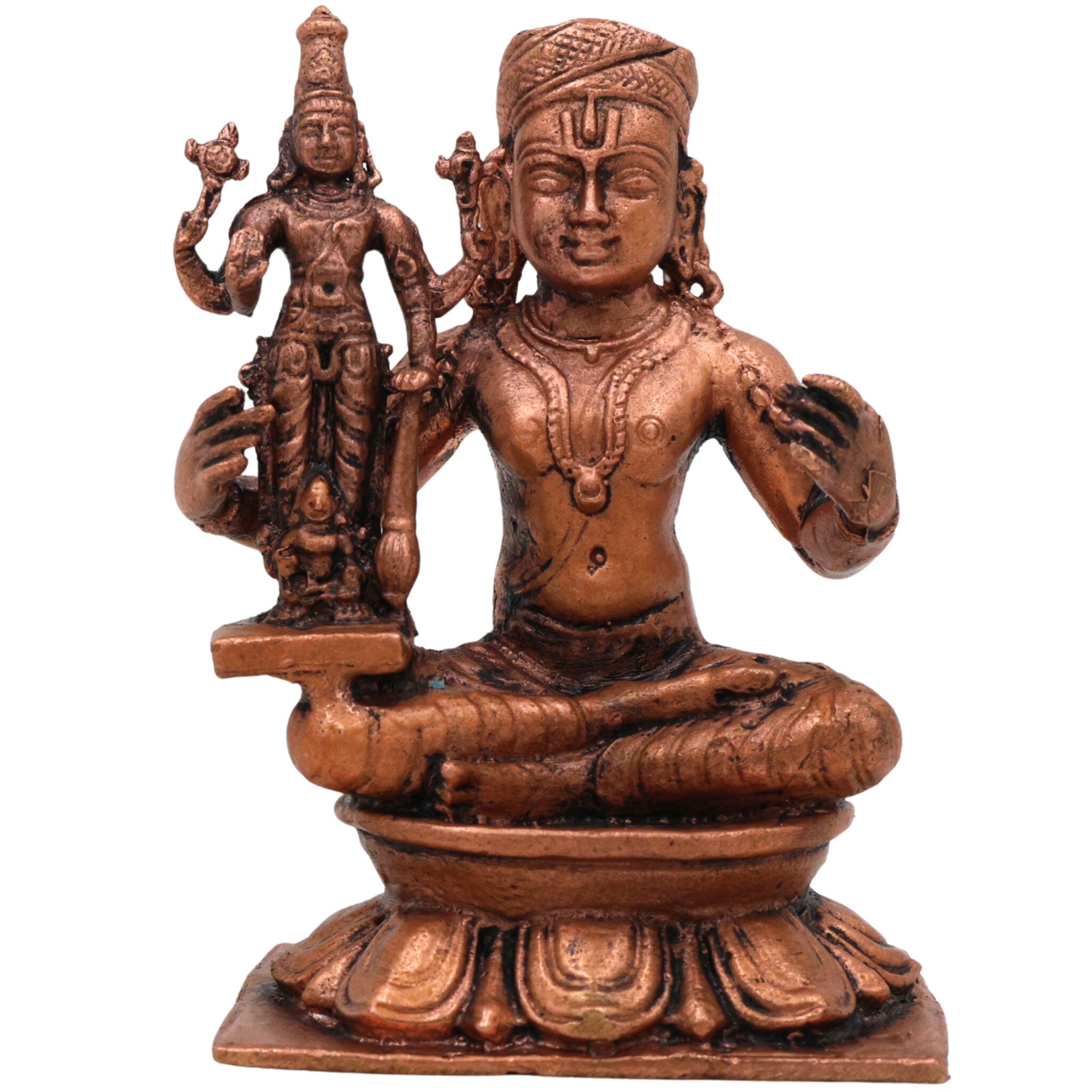Copper Ramanujacharya Idol, Tamra Ramanuja Statue, Thamira Ramanujar Vigraham, Udayavar Emberumanar Murti, Vishishtadvaita Acharya Idol, Sri Vaishnava Decor Gift, Brown, 3.5 Inch, 1 Piece