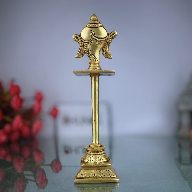 Brass Shankha Stand, Vishnu Symbol Conch Sign For Pooja , Sacred Hindu Puja Shankham Idol, Handcrafted Peetal Pital Shankh, Gold, 5 Inch, 1 Piece