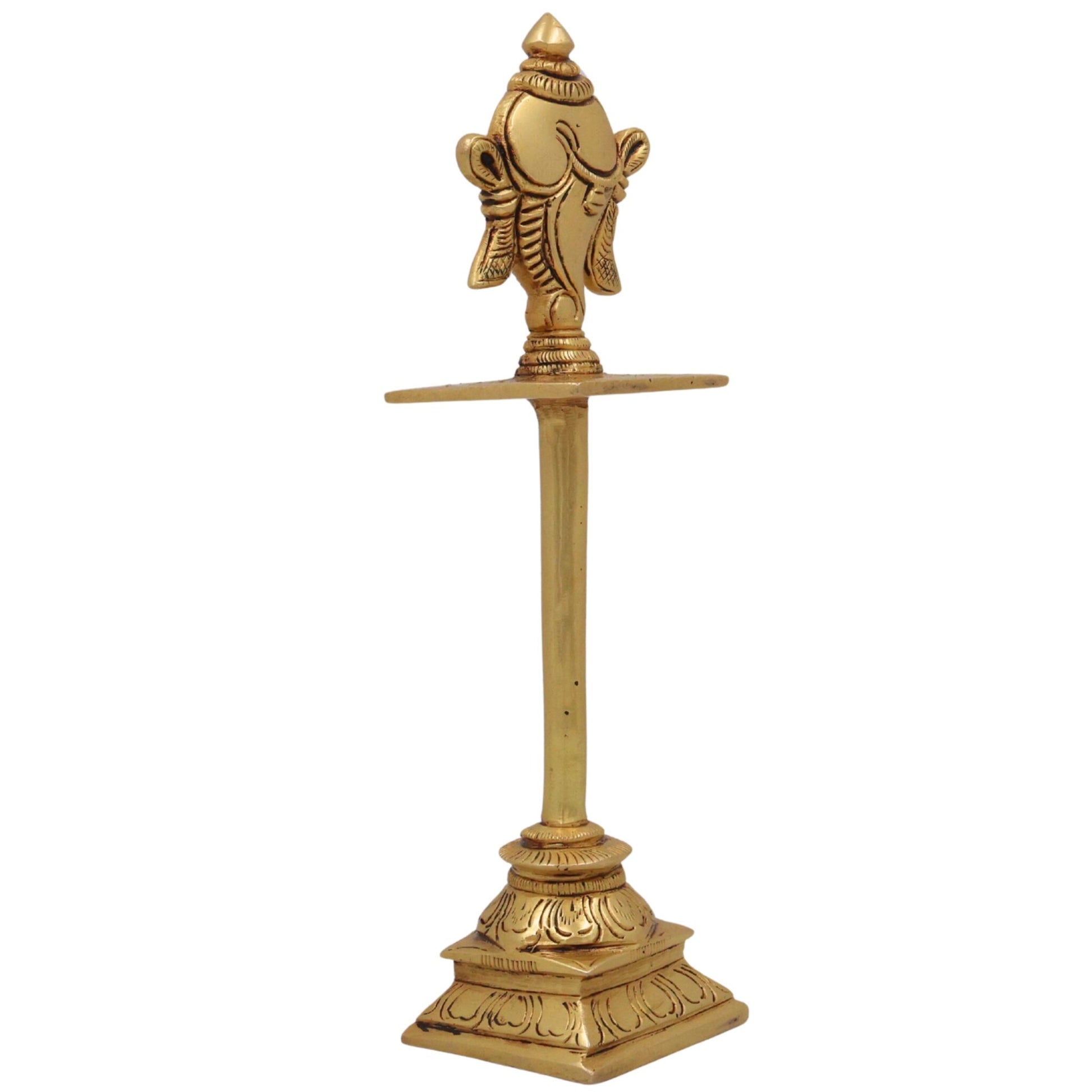 Brass Shankha Stand, Vishnu Symbol Conch Sign For Pooja , Sacred Hindu Puja Shankham Idol, Handcrafted Peetal Pital Shankh, Gold, 5 Inch, 1 Piece
