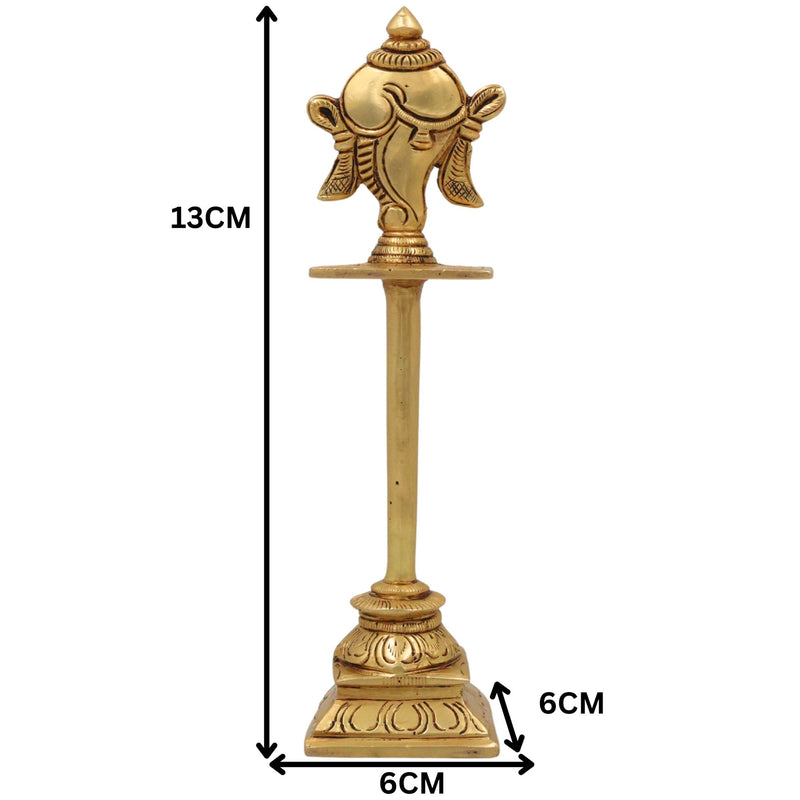 Brass Shankha Stand, Vishnu Symbol Conch Sign For Pooja , Sacred Hindu Puja Shankham Idol, Handcrafted Peetal Pital Shankh, Gold, 5 Inch, 1 Piece