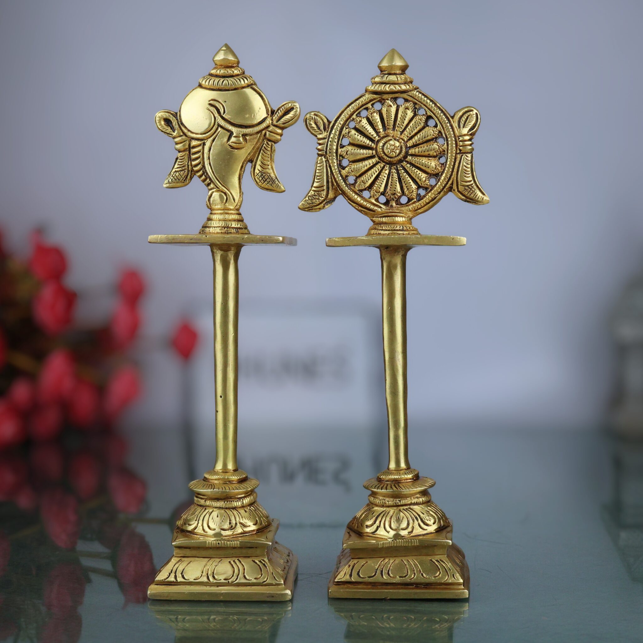 Brass Shankh Chakra Stand Set, Peetal Vishnu Symbol Balaji  Shankh & Sudarshan Chakra Figurine for Pooja, Home Temple & Spiritual Decor, Gold, 5 Inch, 2 Piece