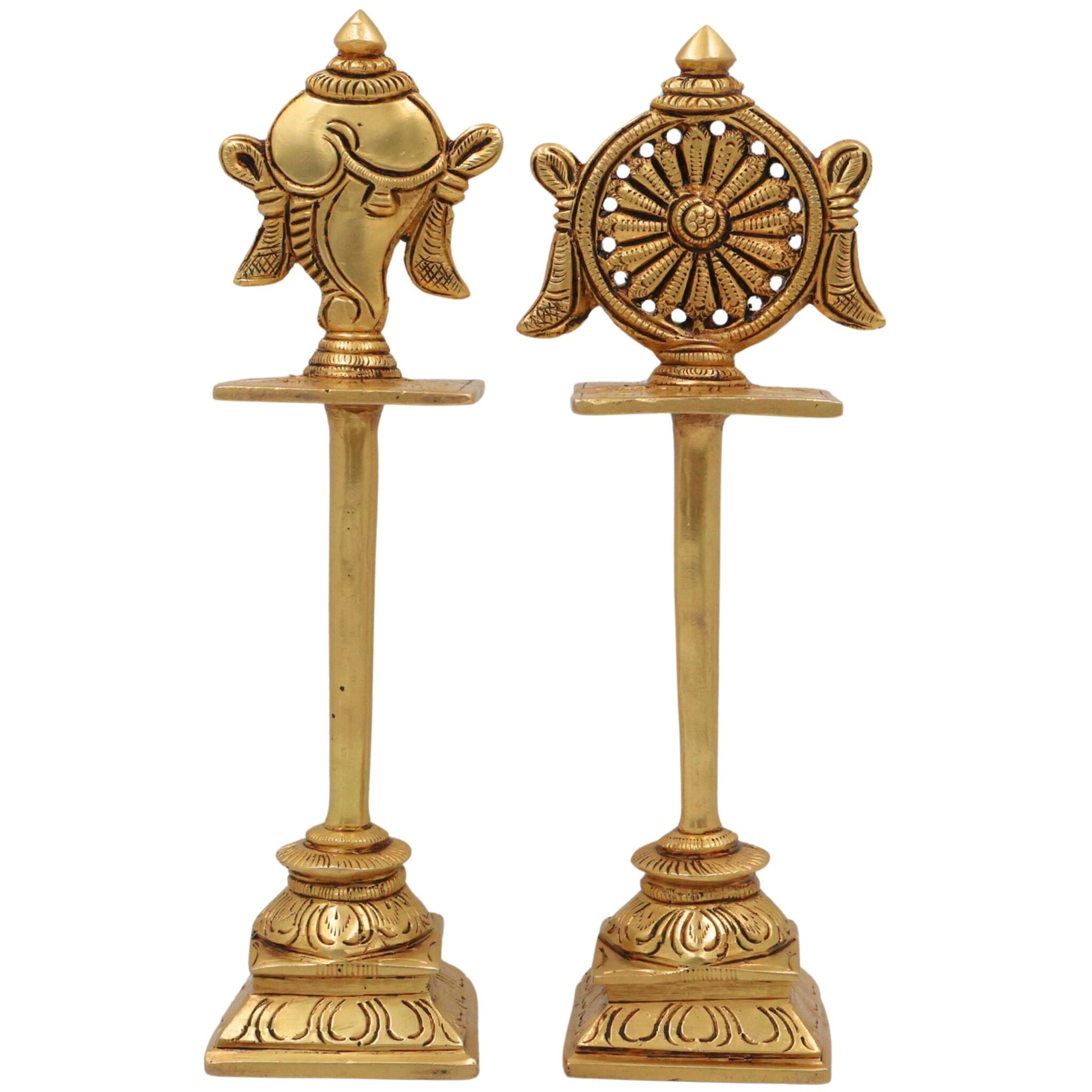 Brass Shankh Chakra Stand Set, Peetal Vishnu Symbol Balaji  Shankh & Sudarshan Chakra Figurine for Pooja, Home Temple & Spiritual Decor, Gold, 5 Inch, 2 Piece