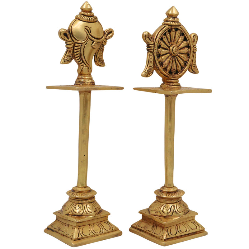 Brass Shankh Chakra Stand Set, Peetal Vishnu Symbol Balaji  Shankh & Sudarshan Chakra Figurine for Pooja, Home Temple & Spiritual Decor, Gold, 5 Inch, 2 Piece