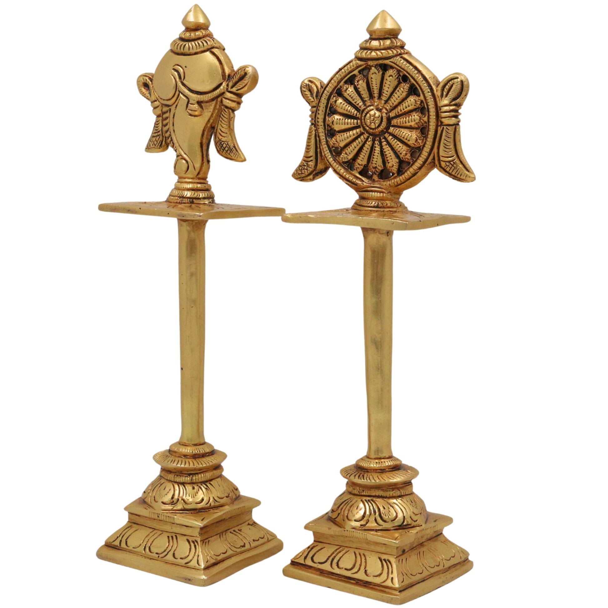 Brass Shankh Chakra Stand Set, Peetal Vishnu Symbol Balaji  Shankh & Sudarshan Chakra Figurine for Pooja, Home Temple & Spiritual Decor, Gold, 5 Inch, 2 Piece