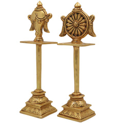 Brass Shankh Chakra Stand Set, Peetal Vishnu Symbol Balaji  Shankh & Sudarshan Chakra Figurine for Pooja, Home Temple & Spiritual Decor, Gold, 5 Inch, 2 Piece