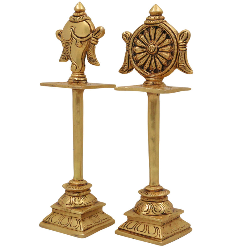 Brass Shankh Chakra Stand Set, Peetal Vishnu Symbol Balaji  Shankh & Sudarshan Chakra Figurine for Pooja, Home Temple & Spiritual Decor, Gold, 5 Inch, 2 Piece