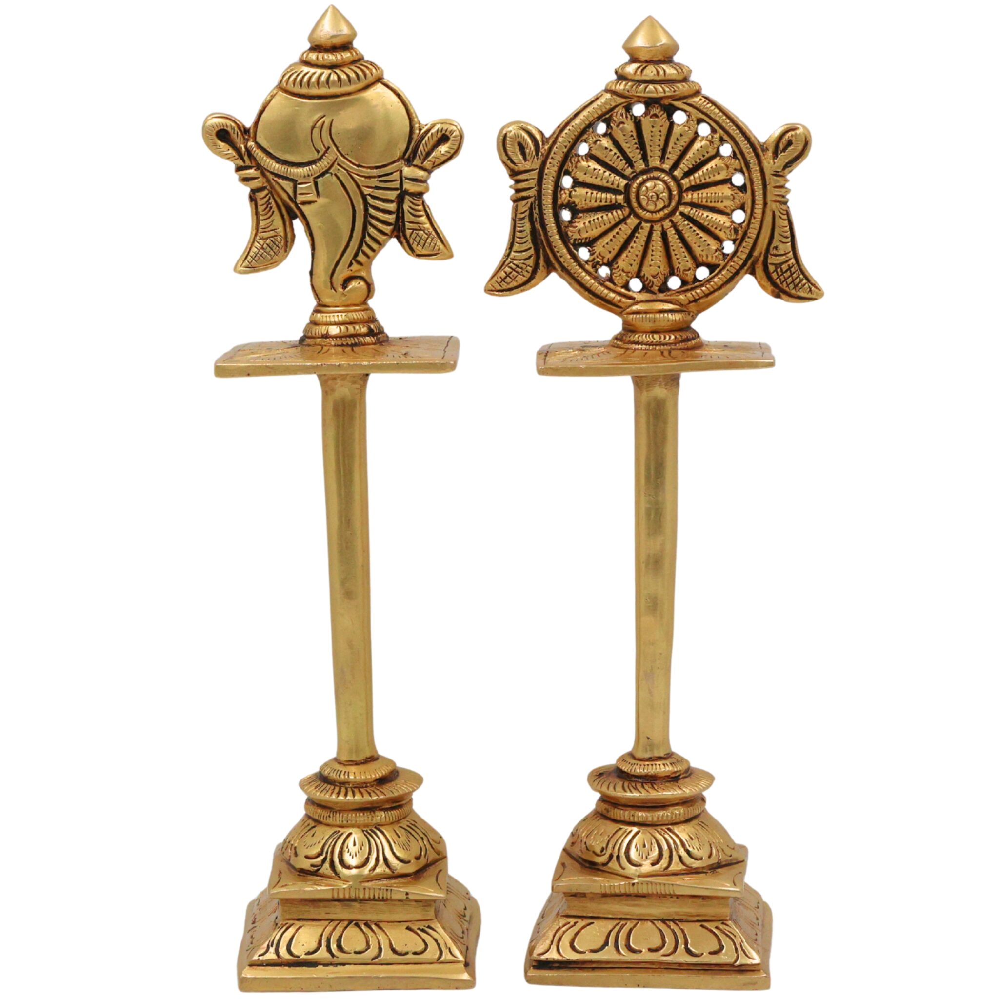 Brass Shankh Chakra Stand Set, Peetal Vishnu Symbol Balaji  Shankh & Sudarshan Chakra Figurine for Pooja, Home Temple & Spiritual Decor, Gold, 5 Inch, 2 Piece
