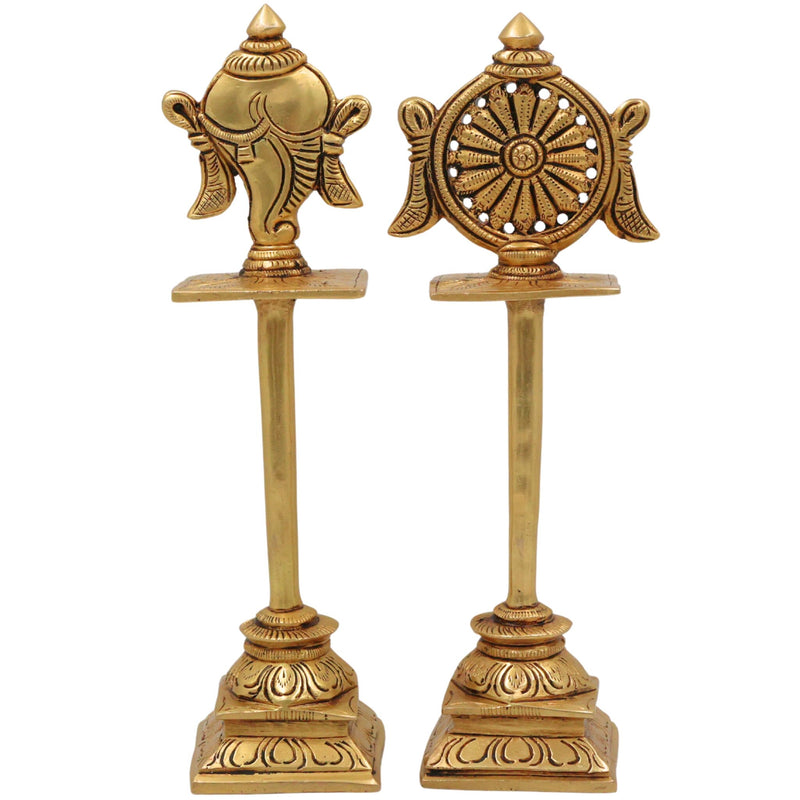 Brass Shankh Chakra Stand Set, Peetal Vishnu Symbol Balaji  Shankh & Sudarshan Chakra Figurine for Pooja, Home Temple & Spiritual Decor, Gold, 5 Inch, 2 Piece
