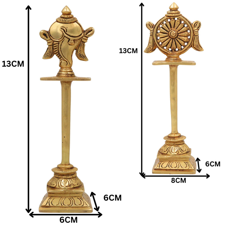 Brass Shankh Chakra Stand Set, Peetal Vishnu Symbol Balaji  Shankh & Sudarshan Chakra Figurine for Pooja, Home Temple & Spiritual Decor, Gold, 5 Inch, 2 Piece