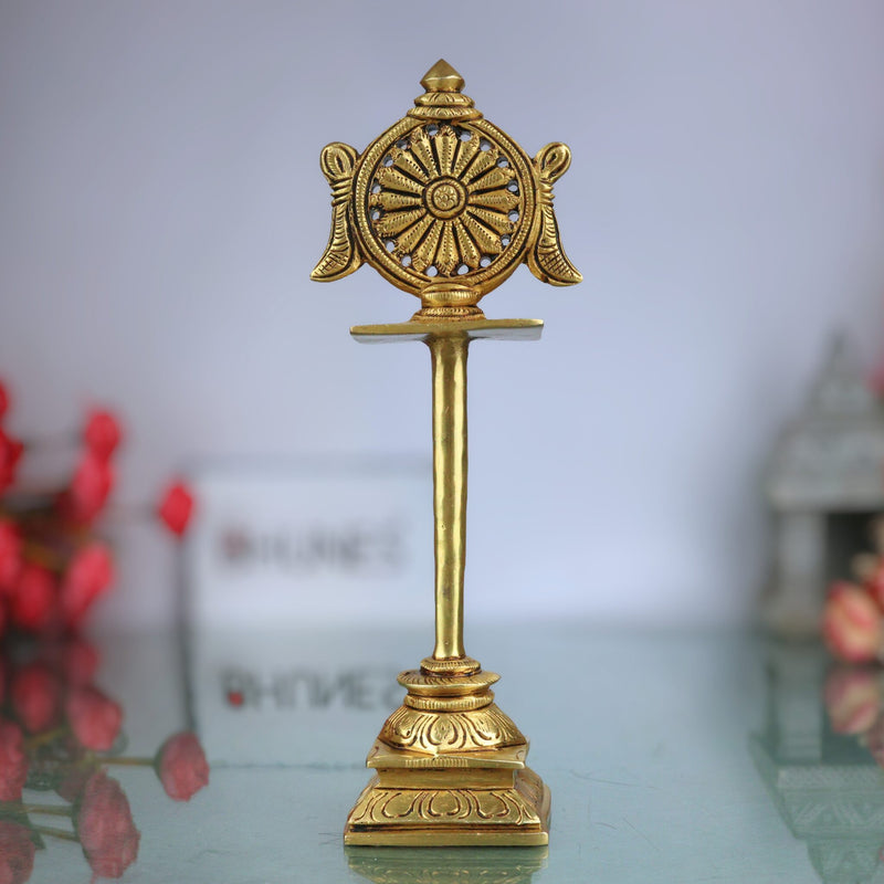 Brass Sudarshan Chakra Stand, Peetal Vishnu Chakra, Narayana Sudarshana Yantra, Sri Chakra for Pooja & Home Temple Decor, Gold, 5 Inch, 1 Piece