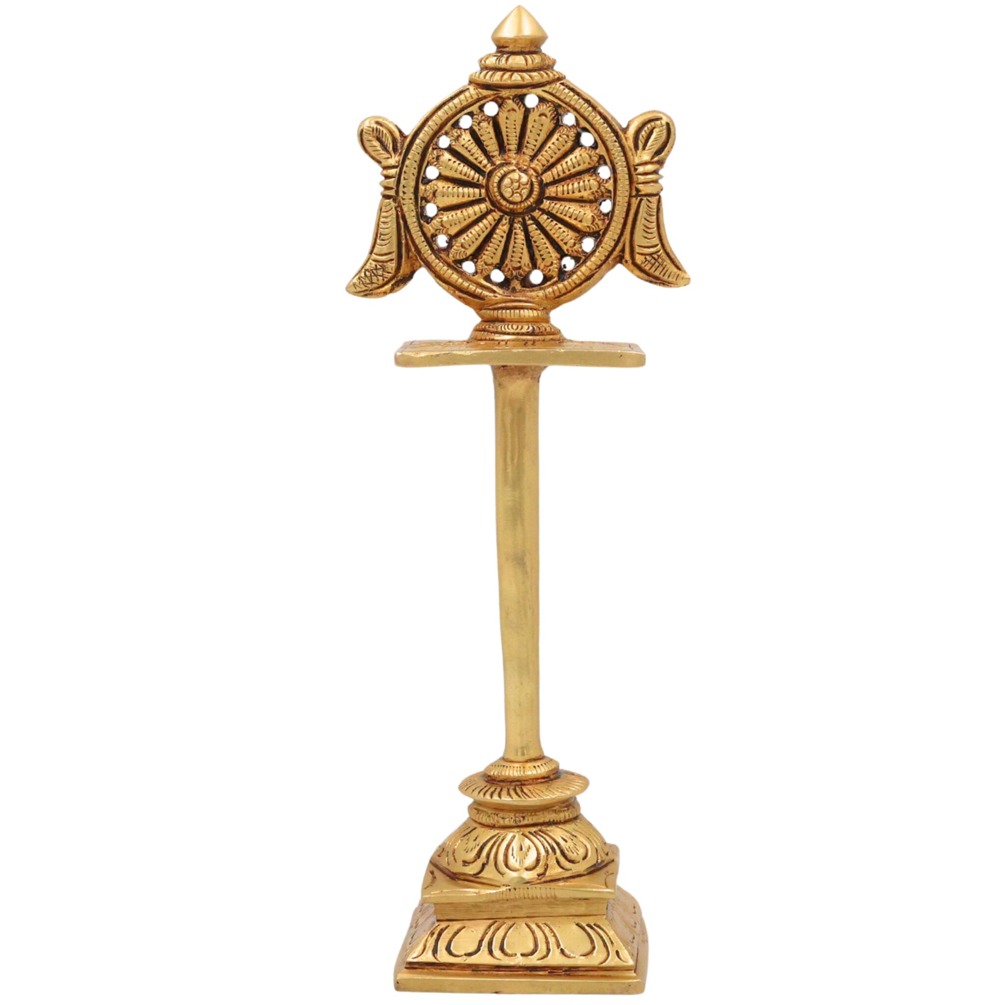Brass Sudarshan Chakra Stand, Peetal Vishnu Chakra, Narayana Sudarshana Yantra, Sri Chakra for Pooja & Home Temple Decor, Gold, 5 Inch, 1 Piece