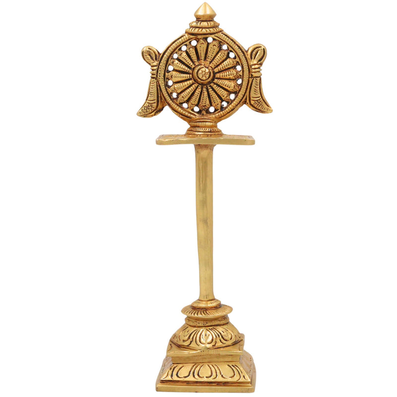 Brass Sudarshan Chakra Stand, Peetal Vishnu Chakra, Narayana Sudarshana Yantra, Sri Chakra for Pooja & Home Temple Decor, Gold, 5 Inch, 1 Piece