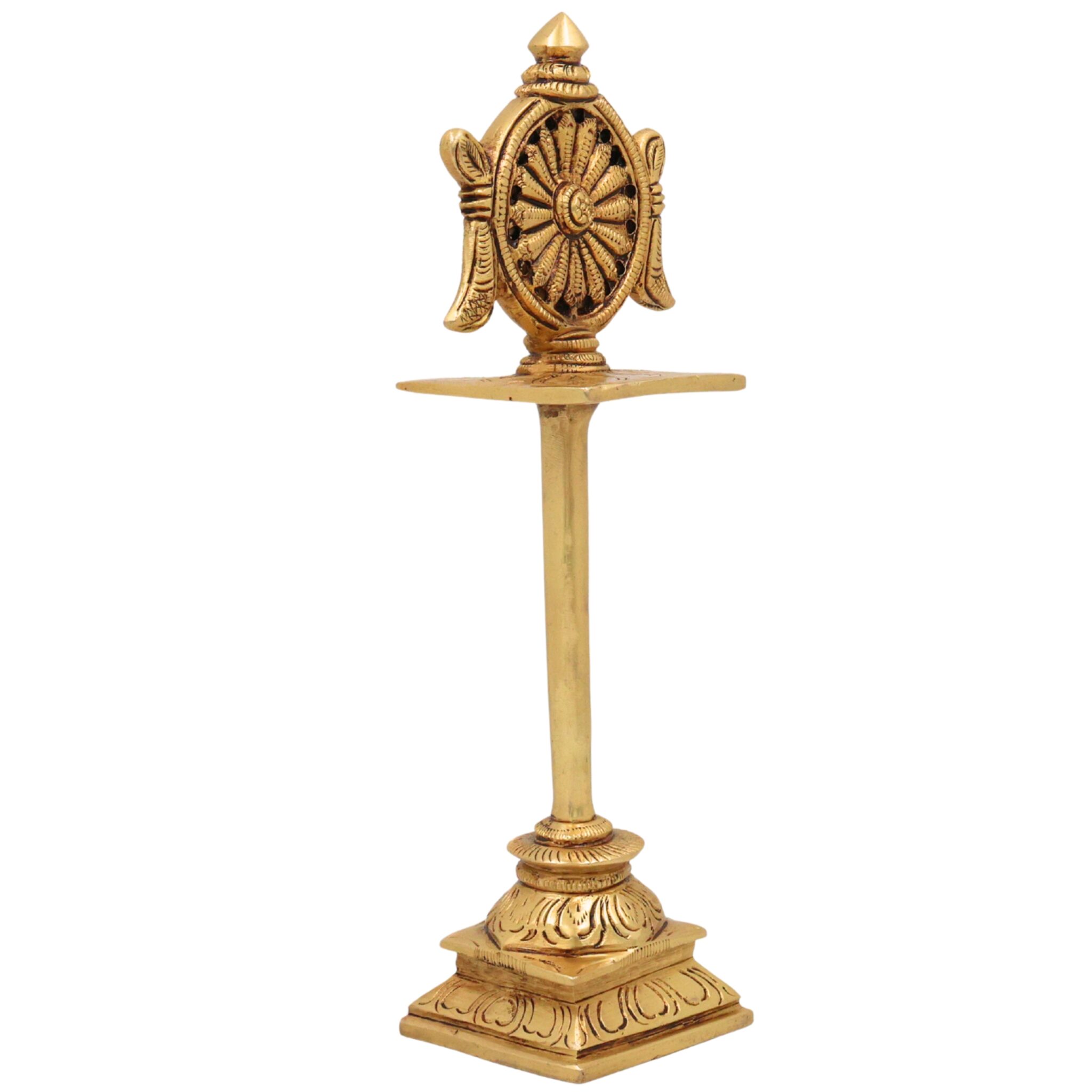 Brass Sudarshan Chakra Stand, Peetal Vishnu Chakra, Narayana Sudarshana Yantra, Sri Chakra for Pooja & Home Temple Decor, Gold, 5 Inch, 1 Piece