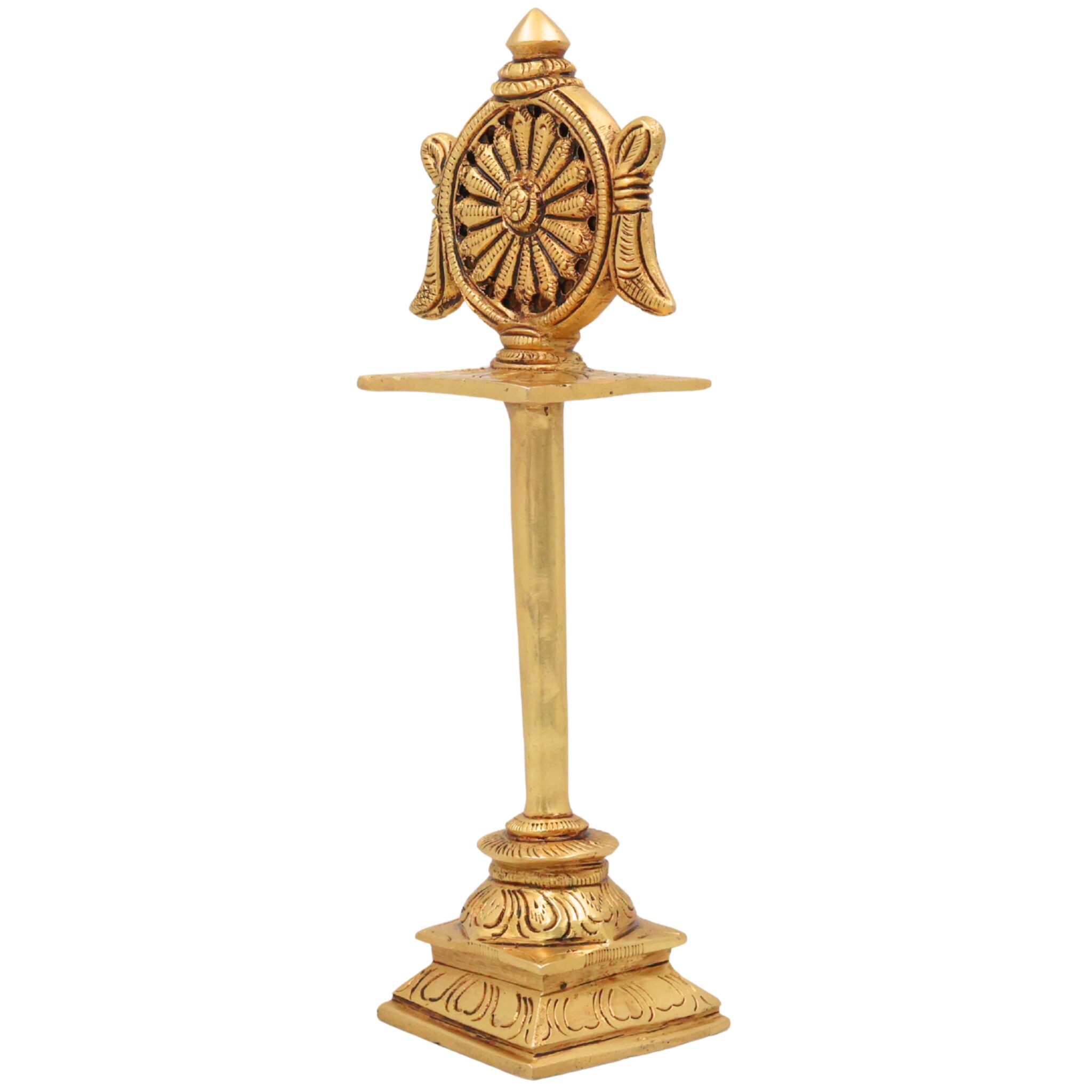 Brass Sudarshan Chakra Stand, Peetal Vishnu Chakra, Narayana Sudarshana Yantra, Sri Chakra for Pooja & Home Temple Decor, Gold, 5 Inch, 1 Piece