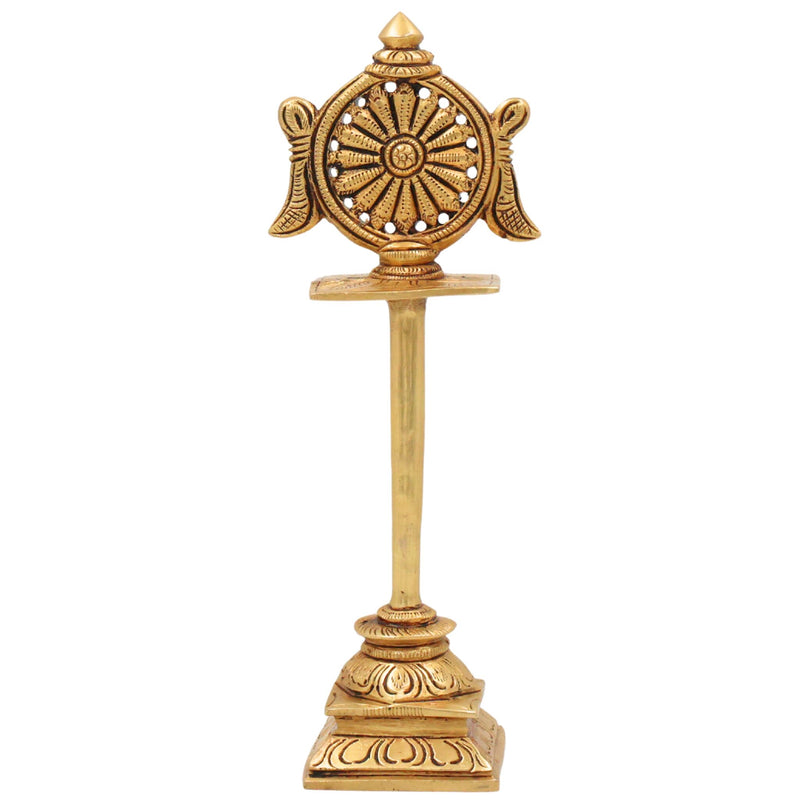 Brass Sudarshan Chakra Stand, Peetal Vishnu Chakra, Narayana Sudarshana Yantra, Sri Chakra for Pooja & Home Temple Decor, Gold, 5 Inch, 1 Piece