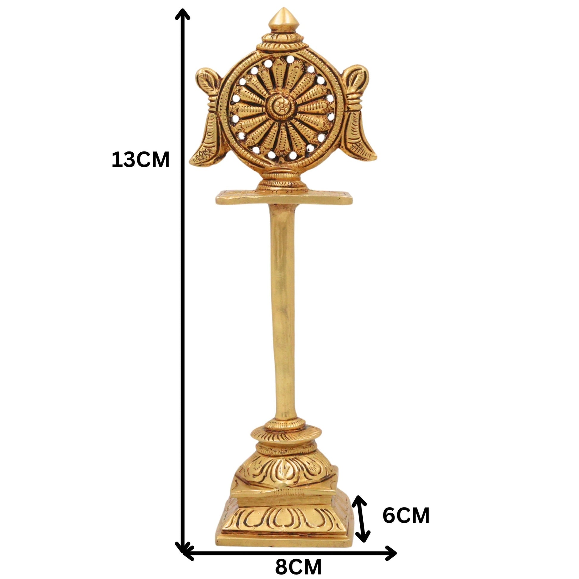 Brass Sudarshan Chakra Stand, Peetal Vishnu Chakra, Narayana Sudarshana Yantra, Sri Chakra for Pooja & Home Temple Decor, Gold, 5 Inch, 1 Piece