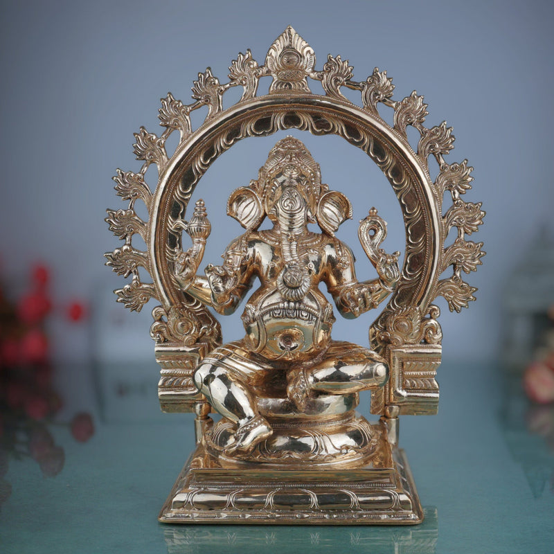 Bronze Handcrafted Ganesha Idol, Panchaloha Ganapati Vinayaka Statue, Chola Art South Indian Ganesh Murti, Vigneshwara Pillaiyar Figurine, Gold, 13.5 Inch, 1 Piece