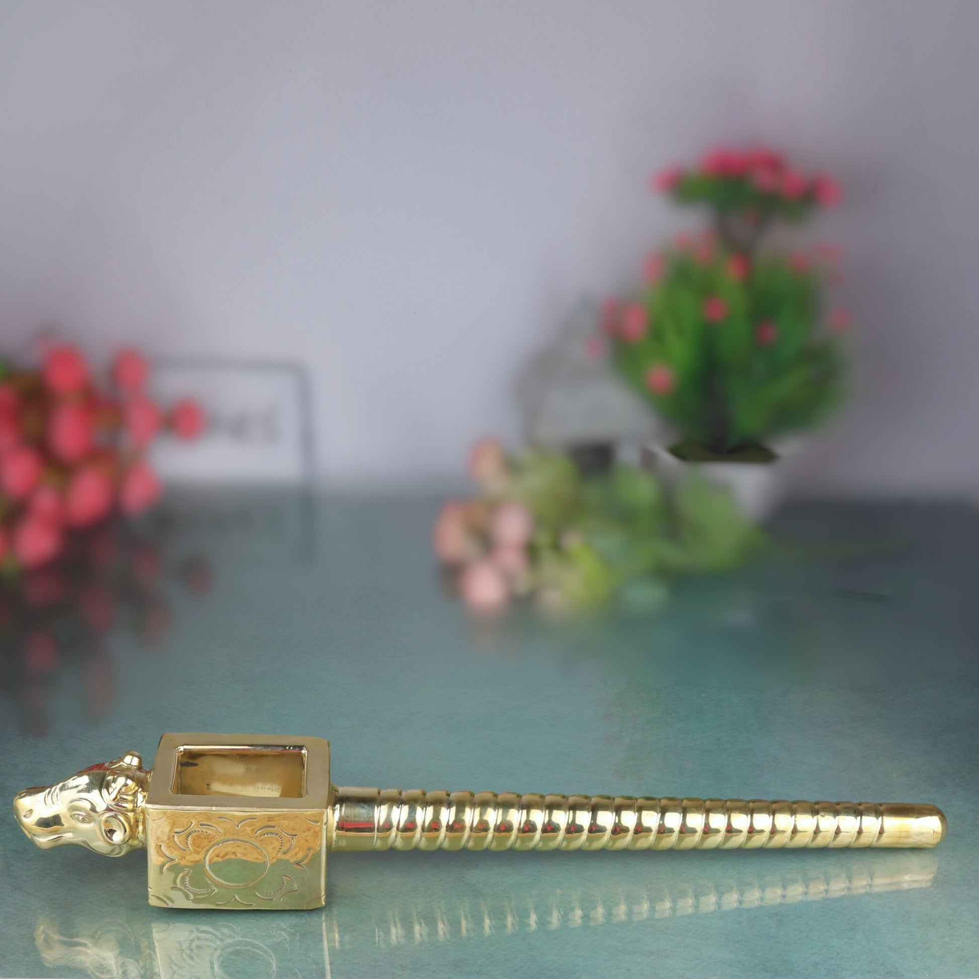 Brass Nandhi Havan Spoon Peetal Pooja Spoon, Pittal Homa Yagna Spoon, Vedic Agnihotra Ritual Tool, Sacred Nandi Dev Pital Spoon, Gold, 3 Inch, 1 Piece