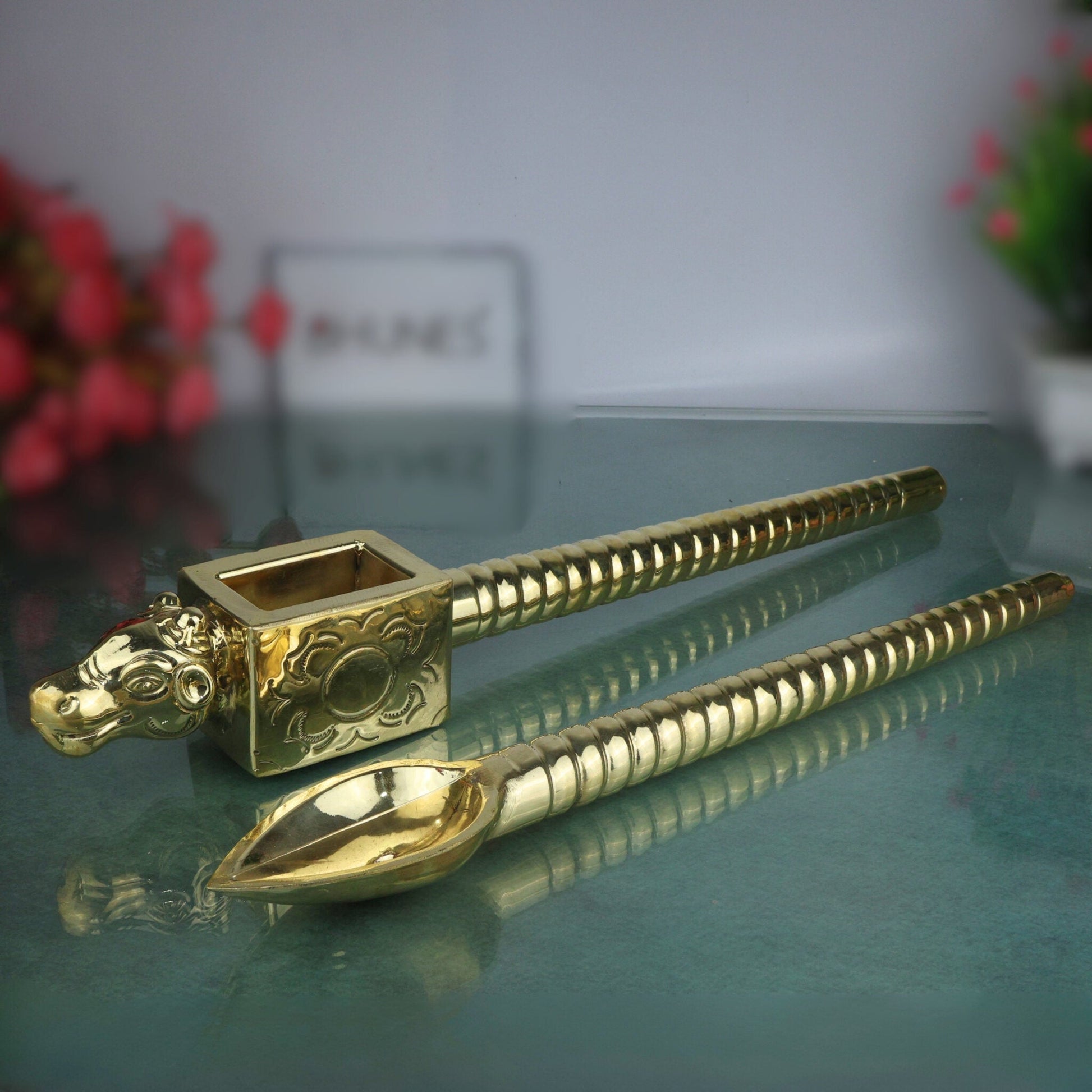 Brass Havan Spoon Set Sruva, Sruk Peetal Pittal Pooja Homam Yagna Agnihotra Vedic Ritual Spoon, Traditional Indian Temple Homa Spoon, Gold, 3 Inch, 2Piece