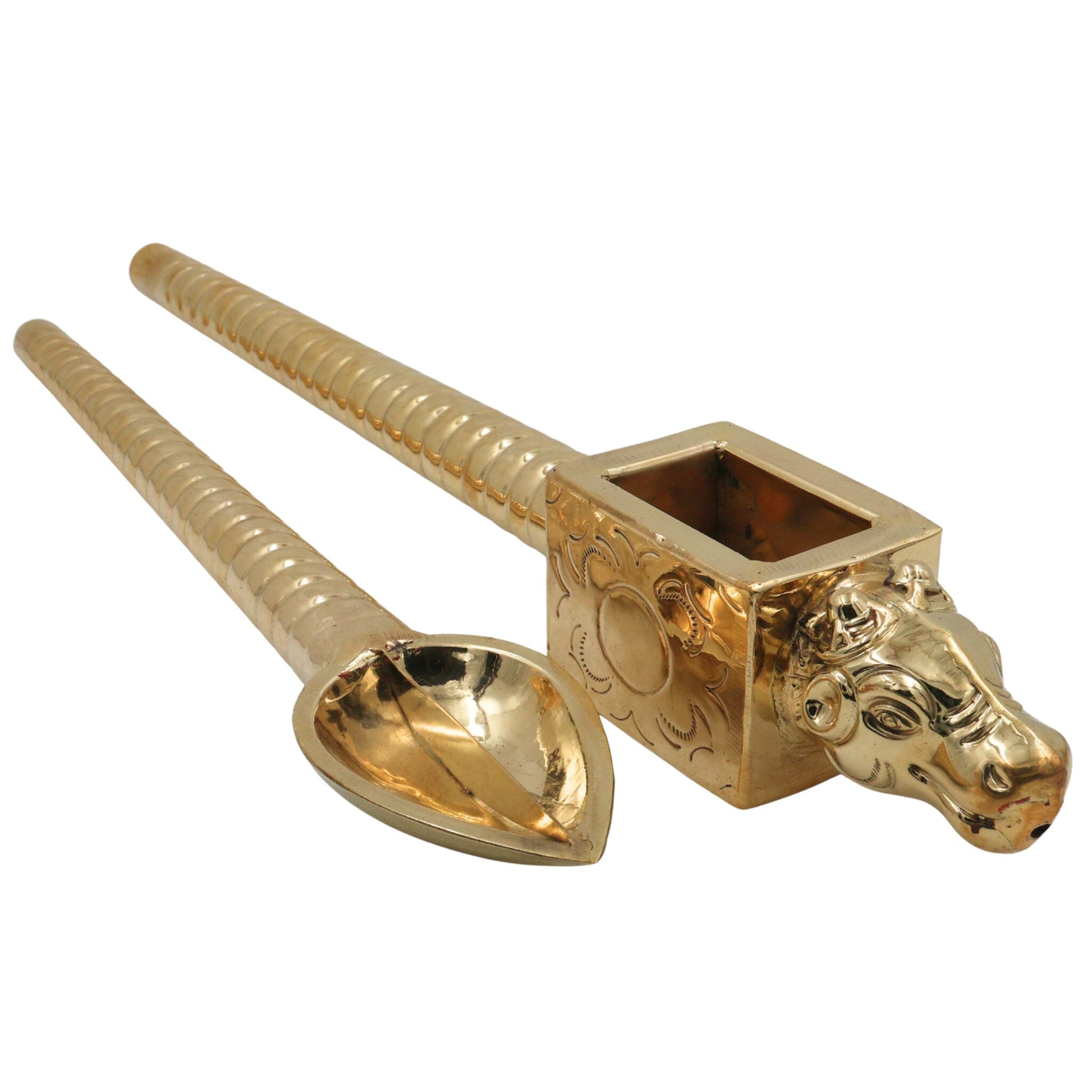 Brass Havan Spoon Set Sruva, Sruk Peetal Pittal Pooja Homam Yagna Agnihotra Vedic Ritual Spoon, Traditional Indian Temple Homa Spoon, Gold, 3 Inch, 2Piece
