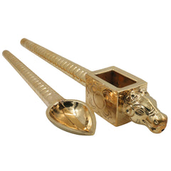 Brass Havan Spoon Set Sruva, Sruk Peetal Pittal Pooja Homam Yagna Agnihotra Vedic Ritual Spoon, Traditional Indian Temple Homa Spoon, Gold, 3 Inch, 2Piece