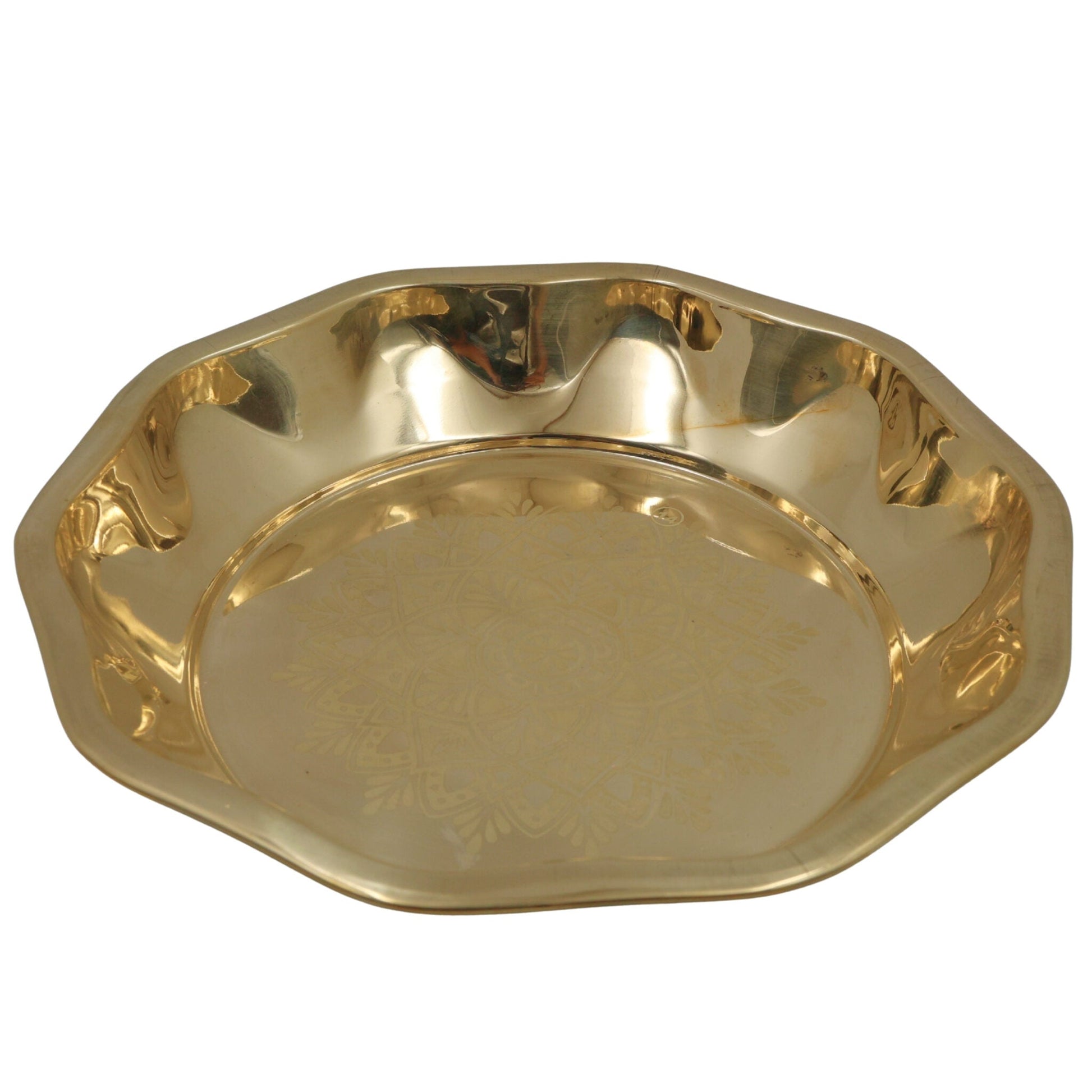 Handcrafted Brass Pooja Thali, Peetal Aarti Plate, Pital Puja Thambalam for Temple Rituals & Home Mandir, Traditional Pittal Worship Plate, Gold, 12.20 Inch, 1 Piece
