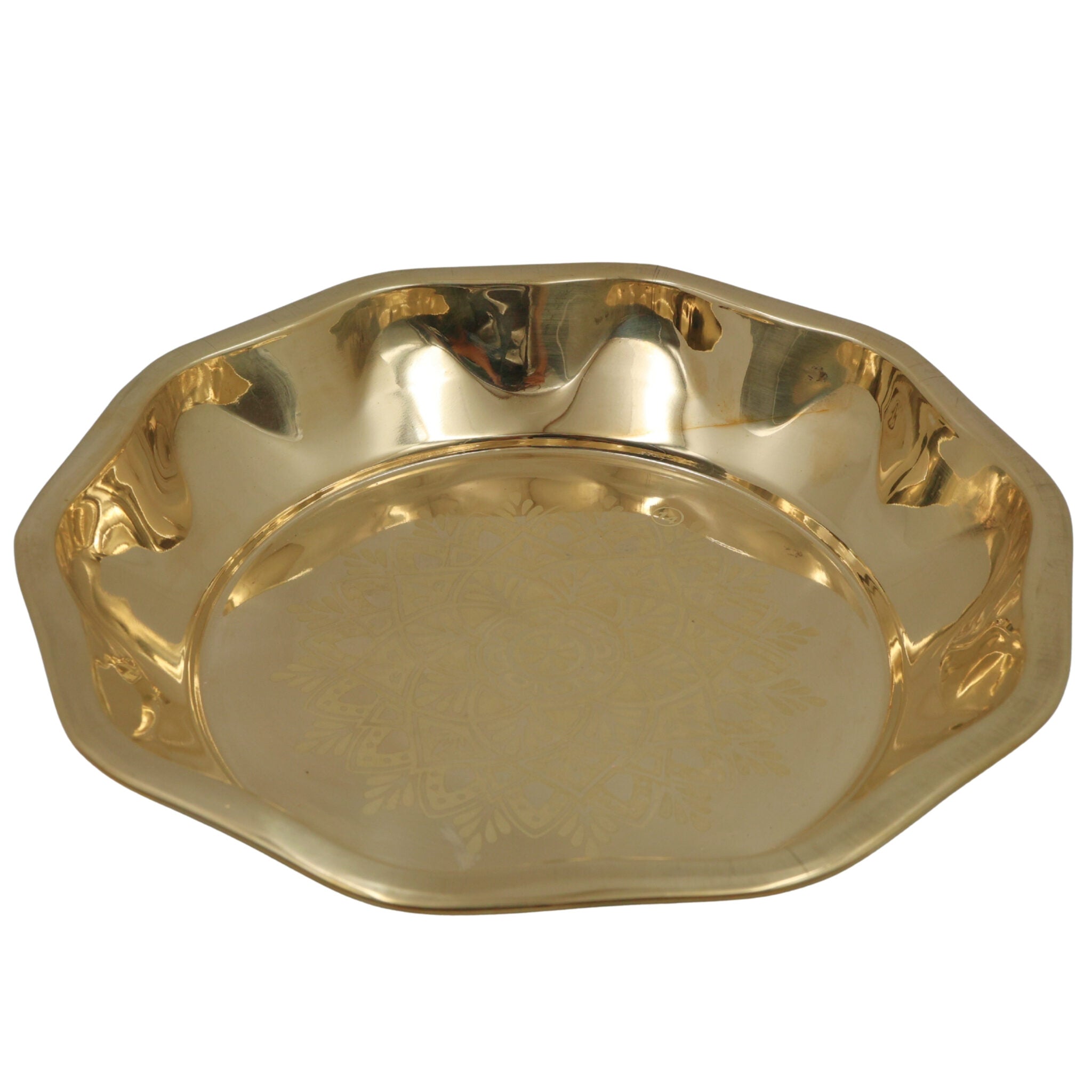 Handcrafted Brass Pooja Thali, Peetal Aarti Plate, Pital Puja Thambalam for Temple Rituals & Home Mandir, Traditional Pittal Worship Plate, Gold, 12.20 Inch, 1 Piece