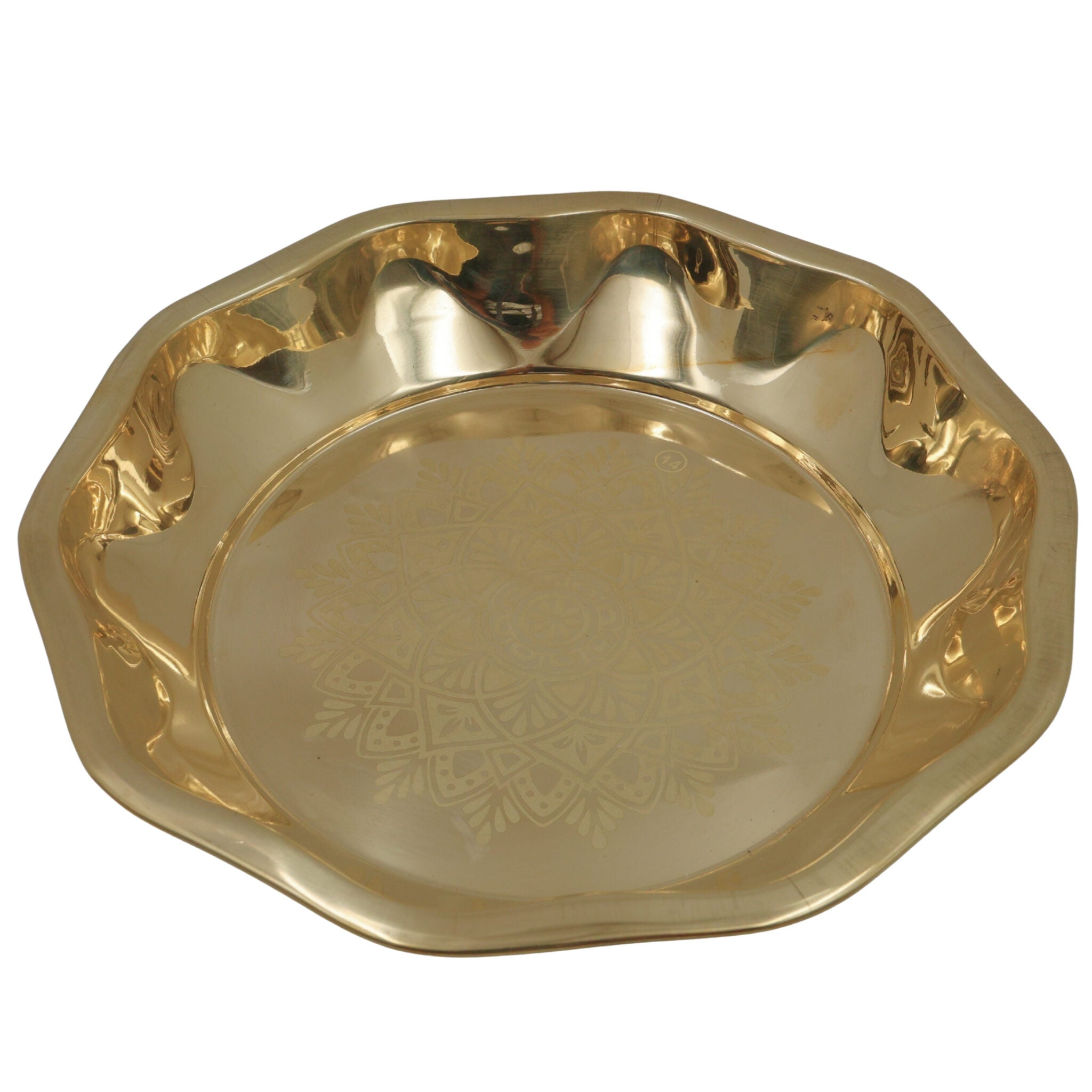 Handcrafted Brass Pooja Thali, Peetal Aarti Plate, Pital Puja Thambalam for Temple Rituals & Home Mandir, Traditional Pittal Worship Plate, Gold, 12.20 Inch, 1 Piece