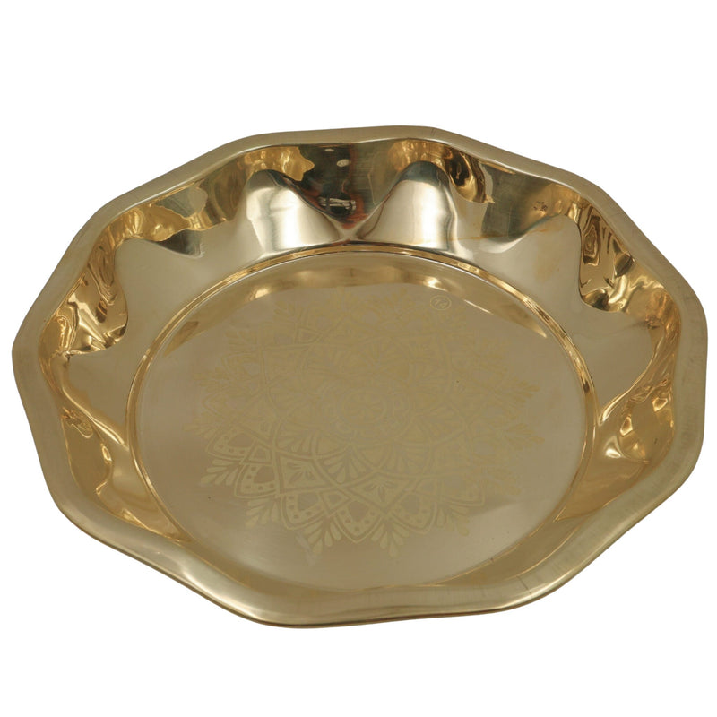 Handcrafted Brass Pooja Thali, Peetal Aarti Plate, Pital Puja Thambalam for Temple Rituals & Home Mandir, Traditional Pittal Worship Plate, Gold, 12.20 Inch, 1 Piece