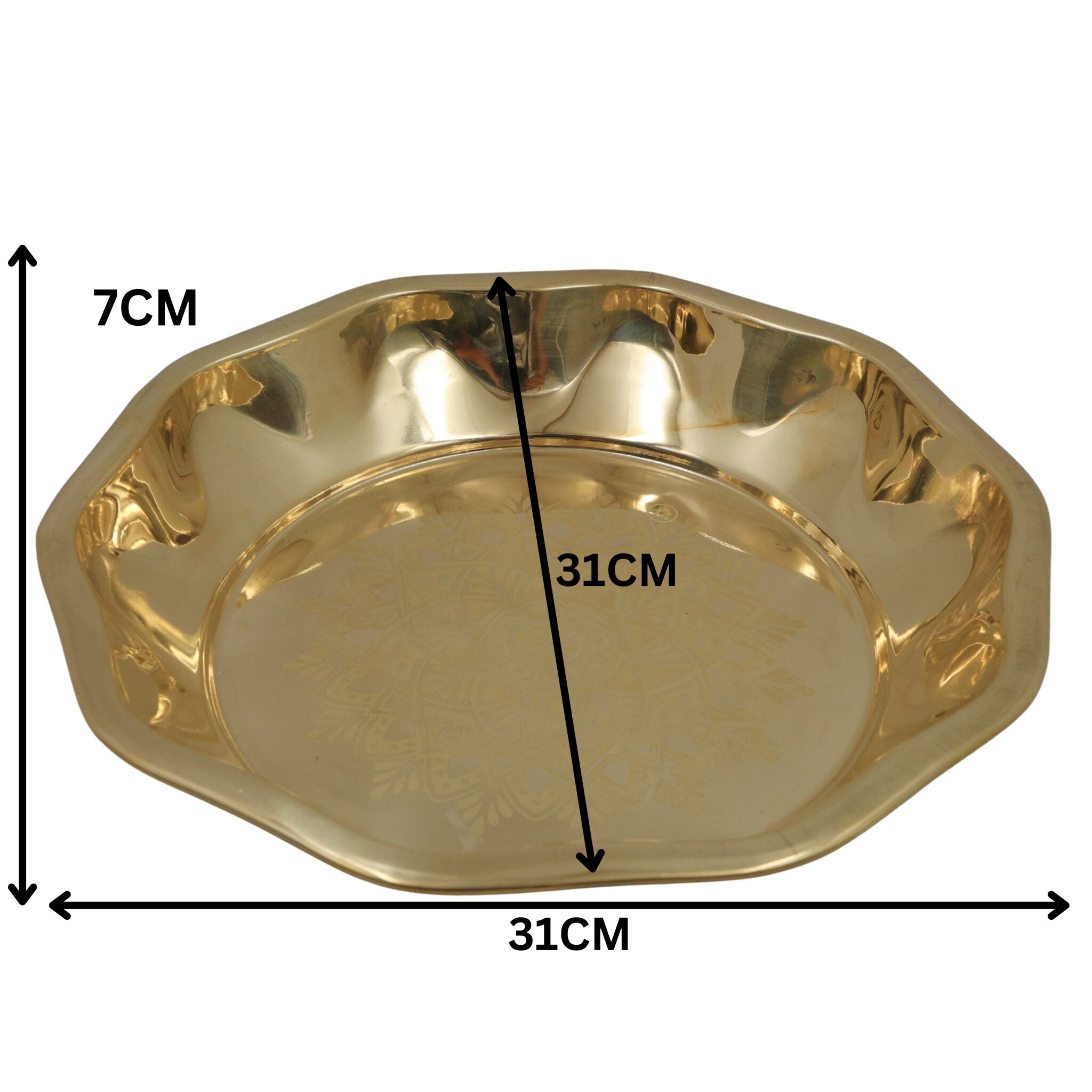 Handcrafted Brass Pooja Thali, Peetal Aarti Plate, Pital Puja Thambalam for Temple Rituals & Home Mandir, Traditional Pittal Worship Plate, Gold, 12.20 Inch, 1 Piece