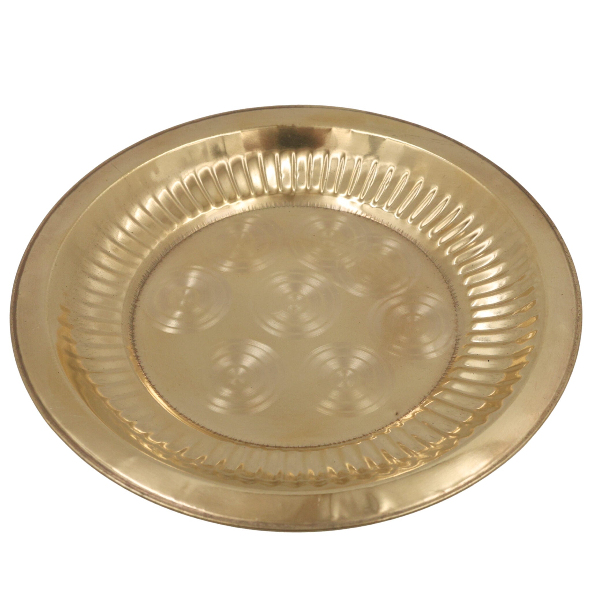 Brass Pooja Thali, Peetal Aarti Plate, Traditional Pittal Puja Thambalam, Pital Worship Plate for Daily Aarti & Temple Rituals, Gold, 1 Inch, 1 Piece