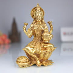 Brass Handcrafted Maha Lakshmi Idol for Pooja – Kamala Devi | Mahalakshmi | Shree Laxmi Mata Murti for Home Temple & Decor, Gold, 7 Inch, 1 Piece