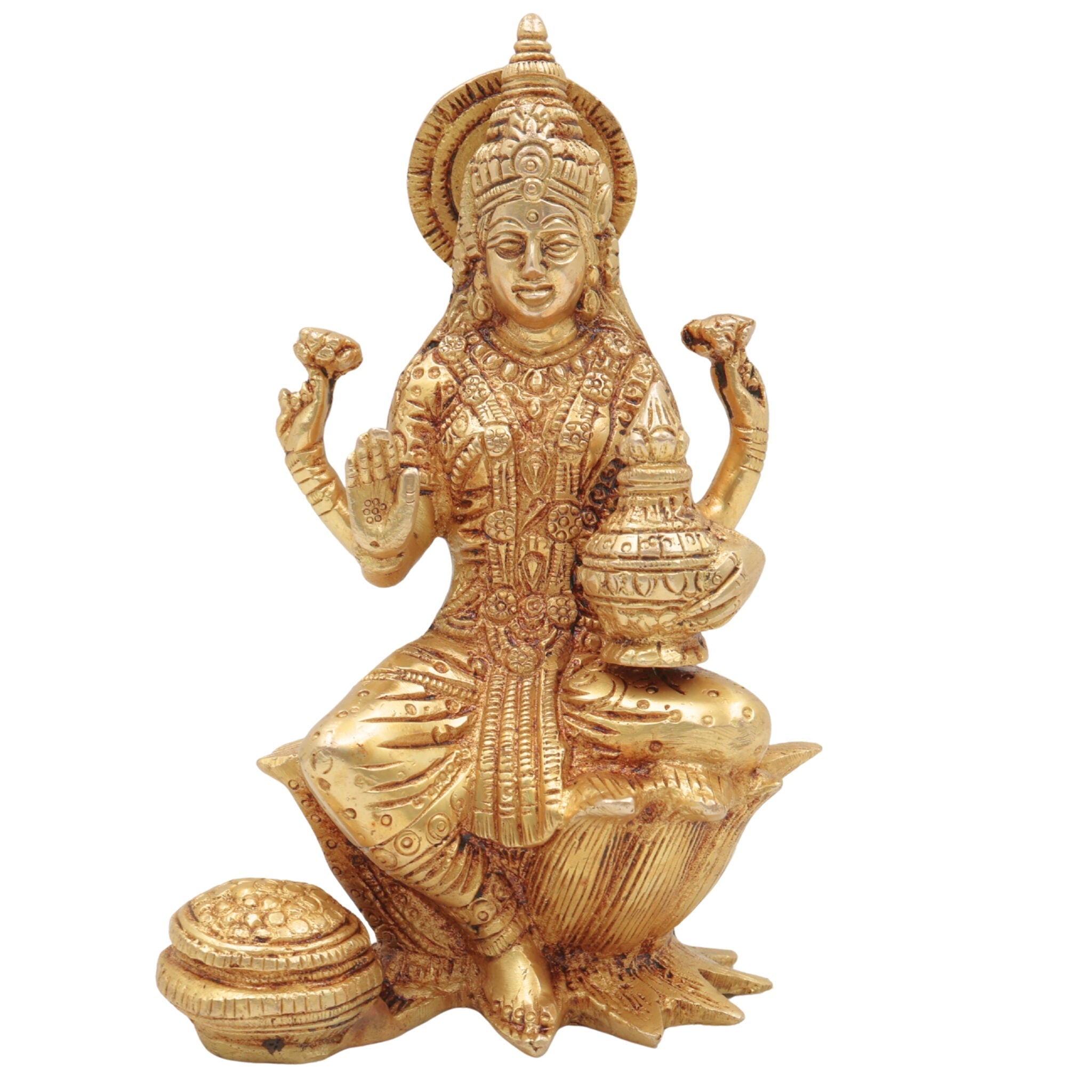 Brass Handcrafted Maha Lakshmi Idol for Pooja – Kamala Devi | Mahalakshmi | Shree Laxmi Mata Murti for Home Temple & Decor, Gold, 7 Inch, 1 Piece
