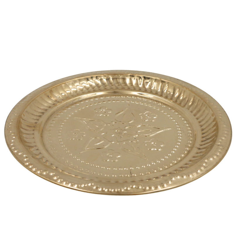 Brass Pooja Thali, Peetal Aarti Plate, Pital Puja Thambalam for Hindu Worship, Traditional Pittal Puja Plate for Temple & Home Mandir, Gold, 1 Inch, 1 Piece