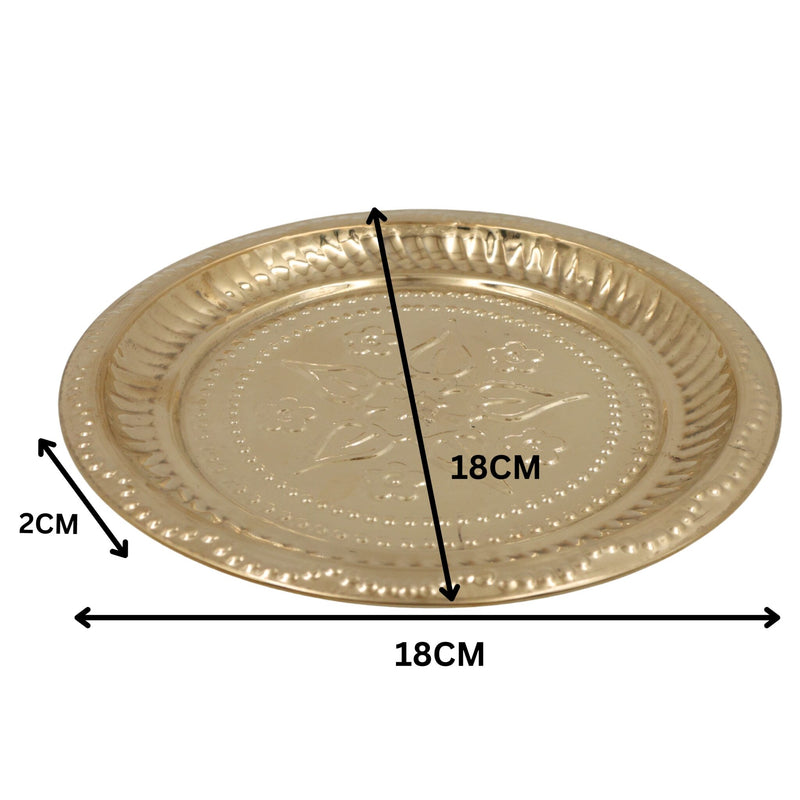 Brass Pooja Thali, Peetal Aarti Plate, Pital Puja Thambalam for Hindu Worship, Traditional Pittal Puja Plate for Temple & Home Mandir, Gold, 1 Inch, 1 Piece