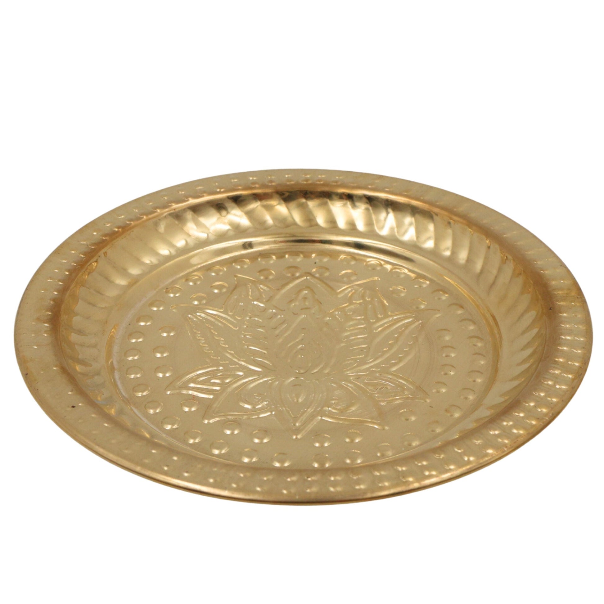 Handcrafted Brass Pooja Thali, Peetal Aarti Plate, Traditional Pital Puja Thambalam for Hindu Worship & Temple Rituals, Gold, 1 Inch, 1 Piece