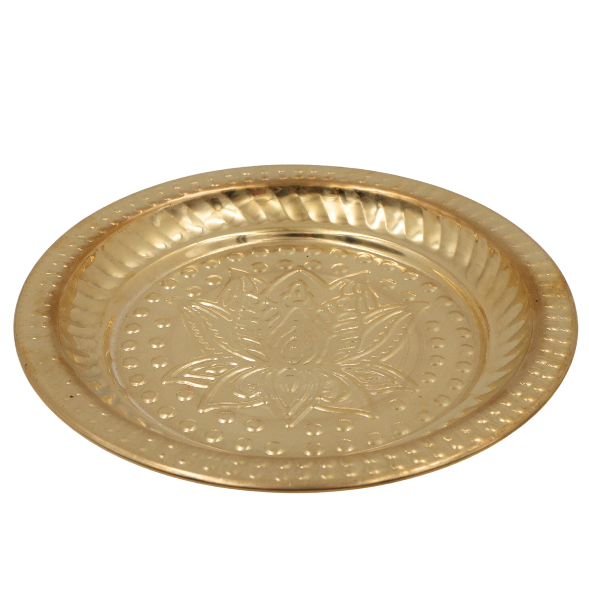 Handcrafted Brass Pooja Thali, Peetal Aarti Plate, Traditional Pital Puja Thambalam for Hindu Worship & Temple Rituals, Gold, 1 Inch, 1 Piece
