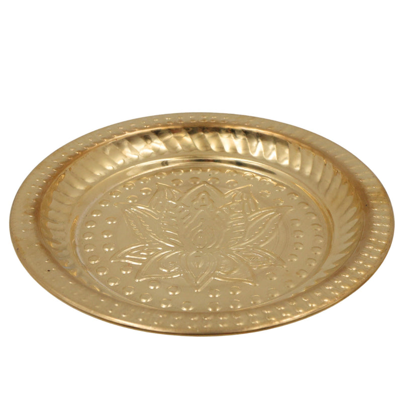 Handcrafted Brass Pooja Thali, Peetal Aarti Plate, Traditional Pital Puja Thambalam for Hindu Worship & Temple Rituals, Gold, 1 Inch, 1 Piece