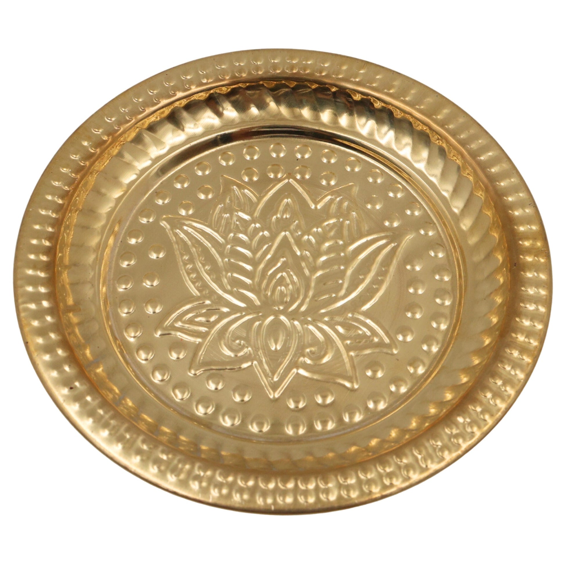 Handcrafted Brass Pooja Thali, Peetal Aarti Plate, Traditional Pital Puja Thambalam for Hindu Worship & Temple Rituals, Gold, 1 Inch, 1 Piece