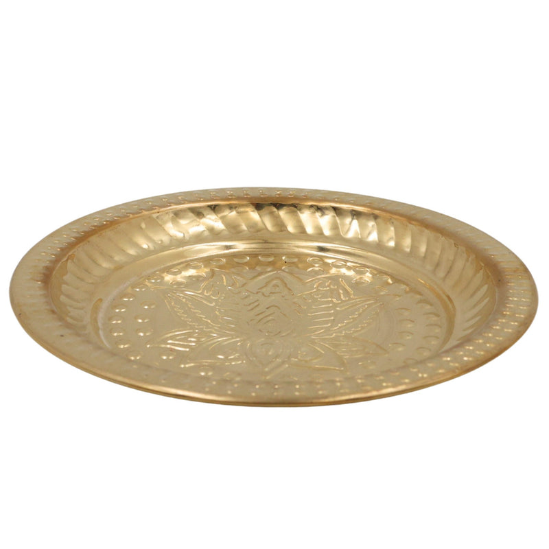 Handcrafted Brass Pooja Thali, Peetal Aarti Plate, Traditional Pital Puja Thambalam for Hindu Worship & Temple Rituals, Gold, 1 Inch, 1 Piece