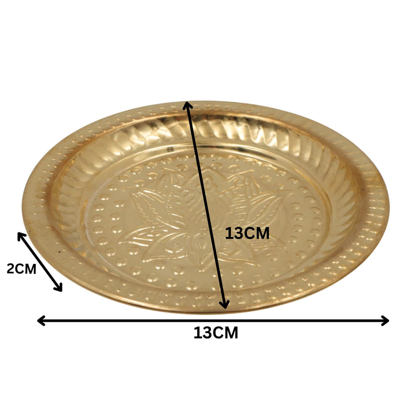 Handcrafted Brass Pooja Thali, Peetal Aarti Plate, Traditional Pital Puja Thambalam for Hindu Worship & Temple Rituals, Gold, 1 Inch, 1 Piece