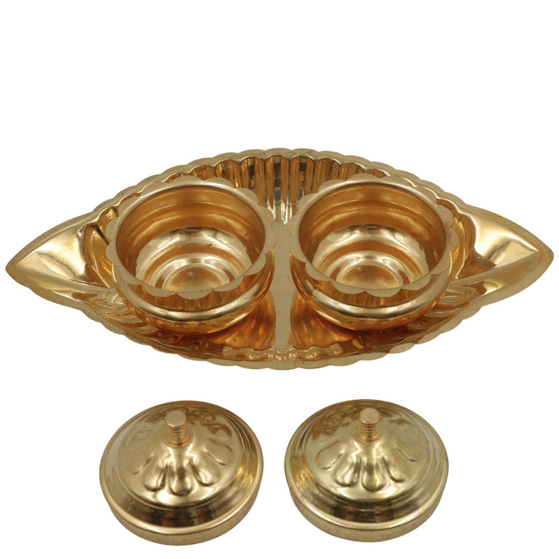 Handcrafted Brass Kumkum Box with Plate, Traditional Pital Haldi Kumkum Holder, Peetal Sindoor Dani Pooja Dabbi, Ethnic Temple Kumkum Choki for Home Decor & Gifts, Gold, 2.5 Inch, 1 Piece