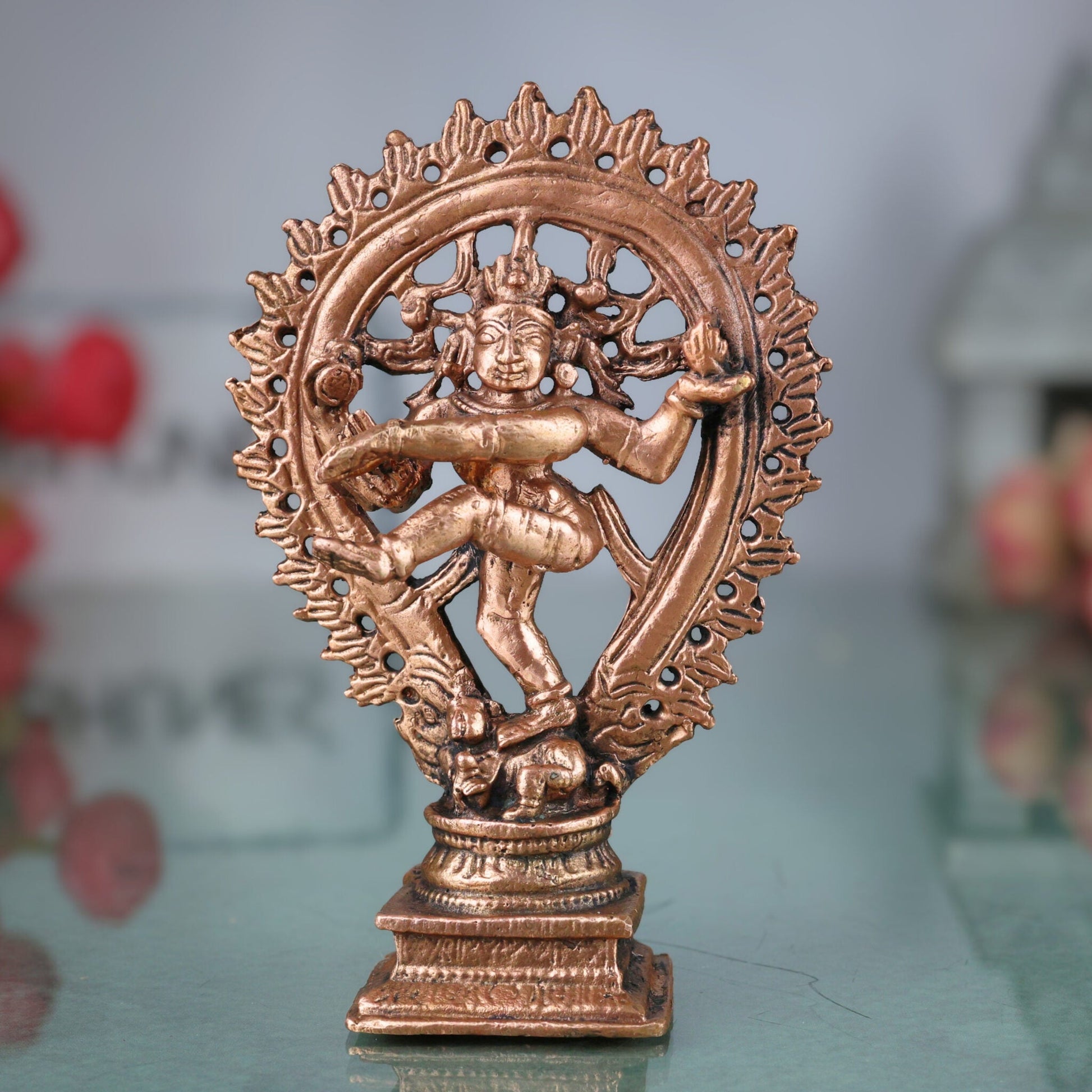 Copper Nataraja Idol, Lord of Dance, Chidambaram Nataraja, Ananda Tandava Murti, Tandava Shiva Statue for Puja & Home Decor, Brown, 4.5 Inch, 1 Piece