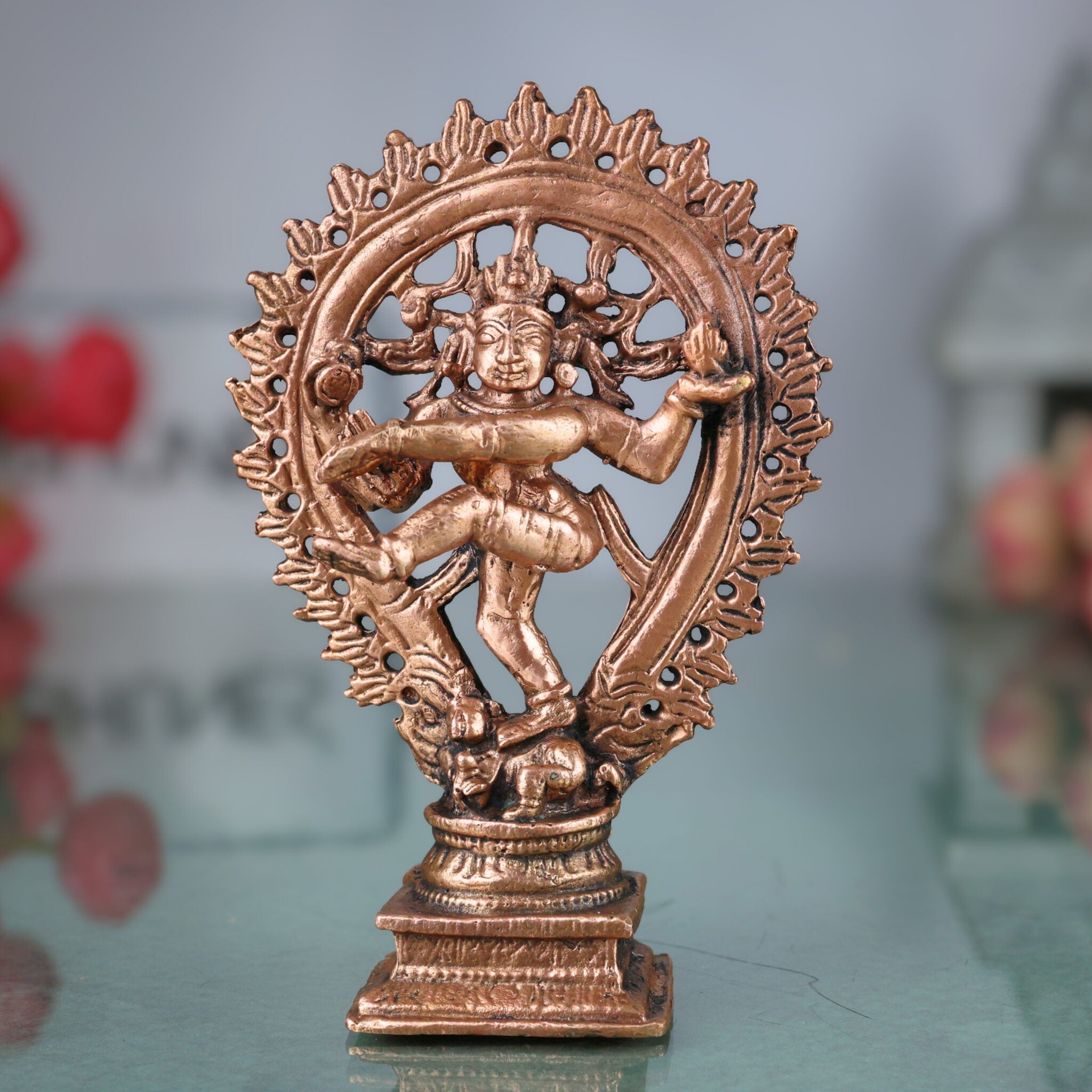 Copper Nataraja Idol, Lord of Dance, Chidambaram Nataraja, Ananda Tandava Murti, Tandava Shiva Statue for Puja & Home Decor, Brown, 4.5 Inch, 1 Piece