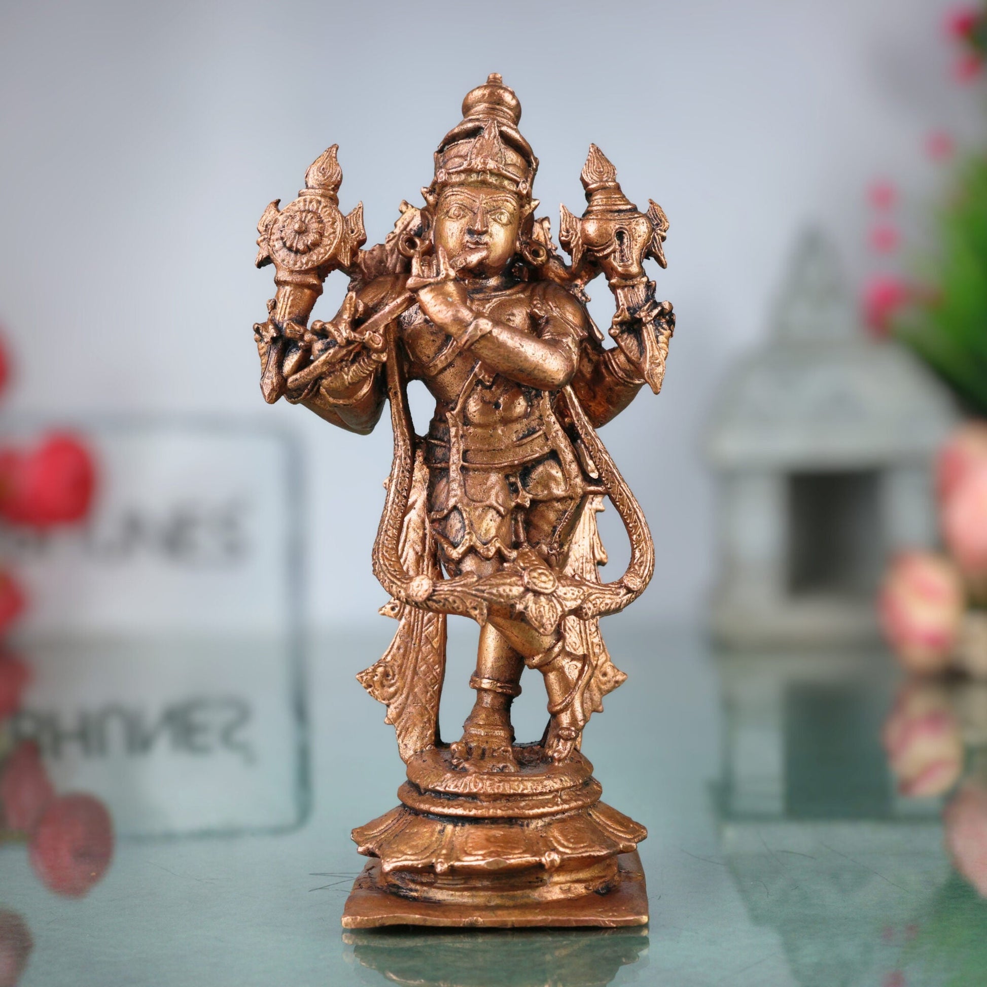 Copper Krishna Idol, Bal Gopal Statue, Gopal Murti, Radha Krishna Figurine for Pooja & Home Decor, Brown, 5.5 Inch, 1 Piece