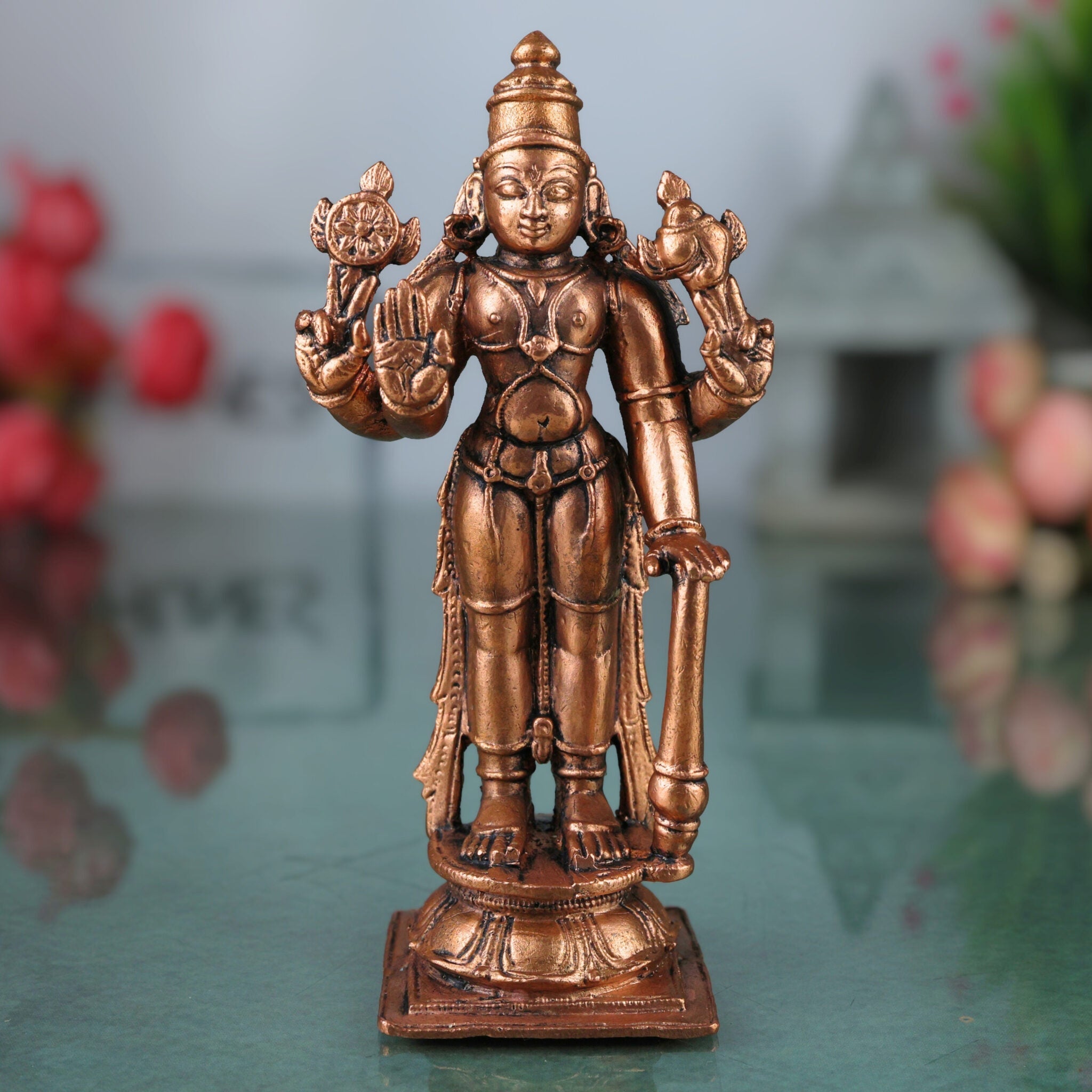 Copper Vishnu Idol,Tamra Vishnu Murti, Handcrafted Narayana Balaji Statue for Pooja & Home Decor, Brown, 5 Inch, 1 Piece
